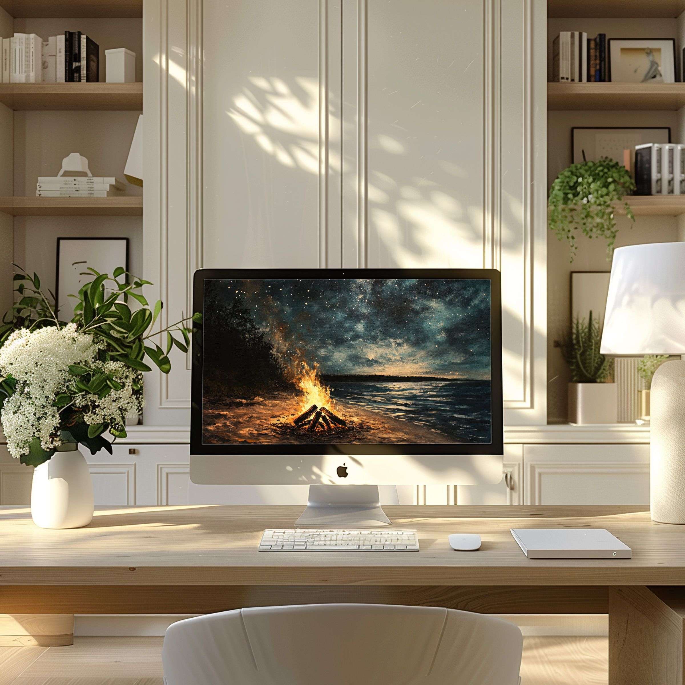 Inspire calm with a beach bonfire artwork wallpaper for computer in a modern home office fitting PC, laptop, ultrawide displays
