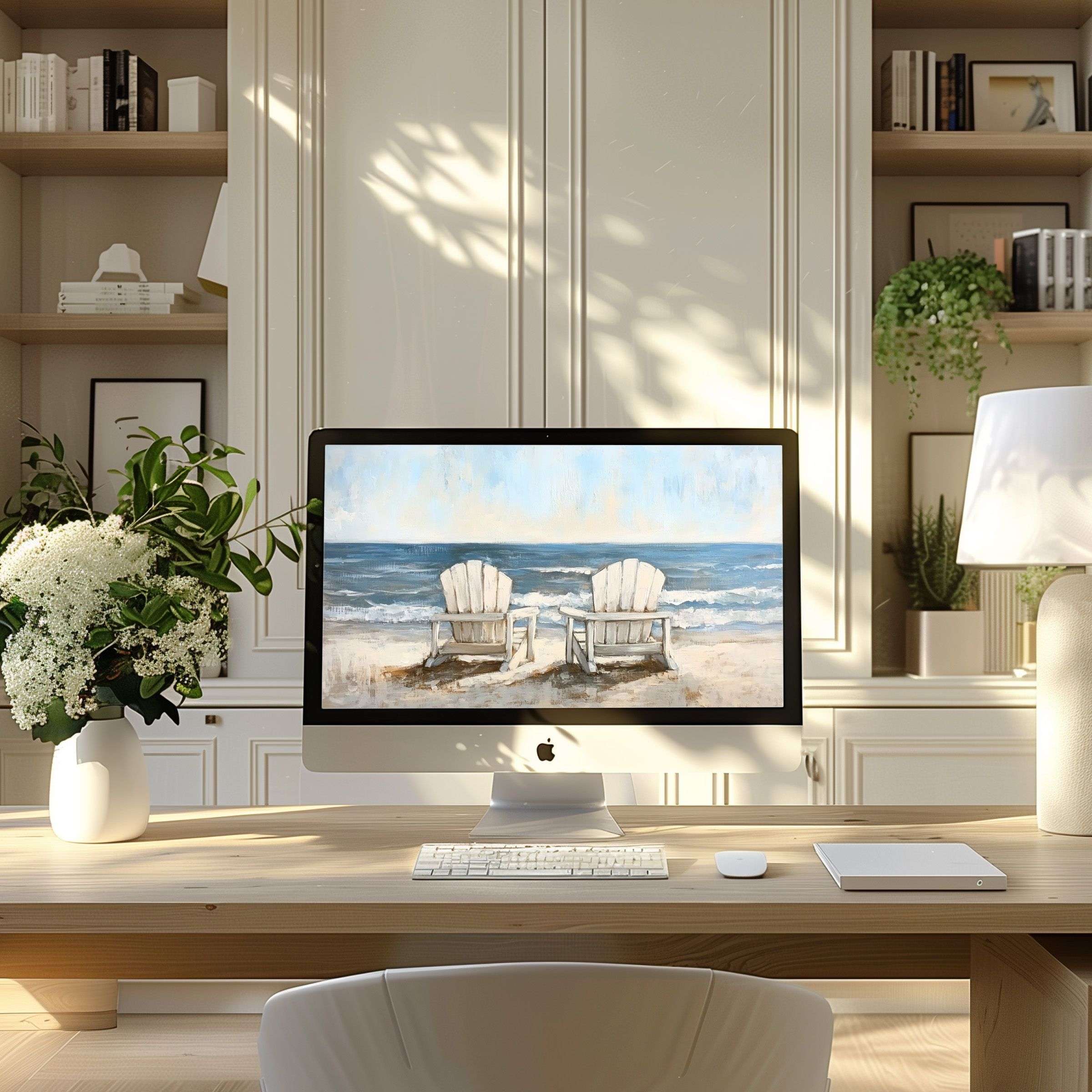 A serene beach scene wallpaper for computer adds elegance to a modern home office setting, fitting any PC or Laptop display
