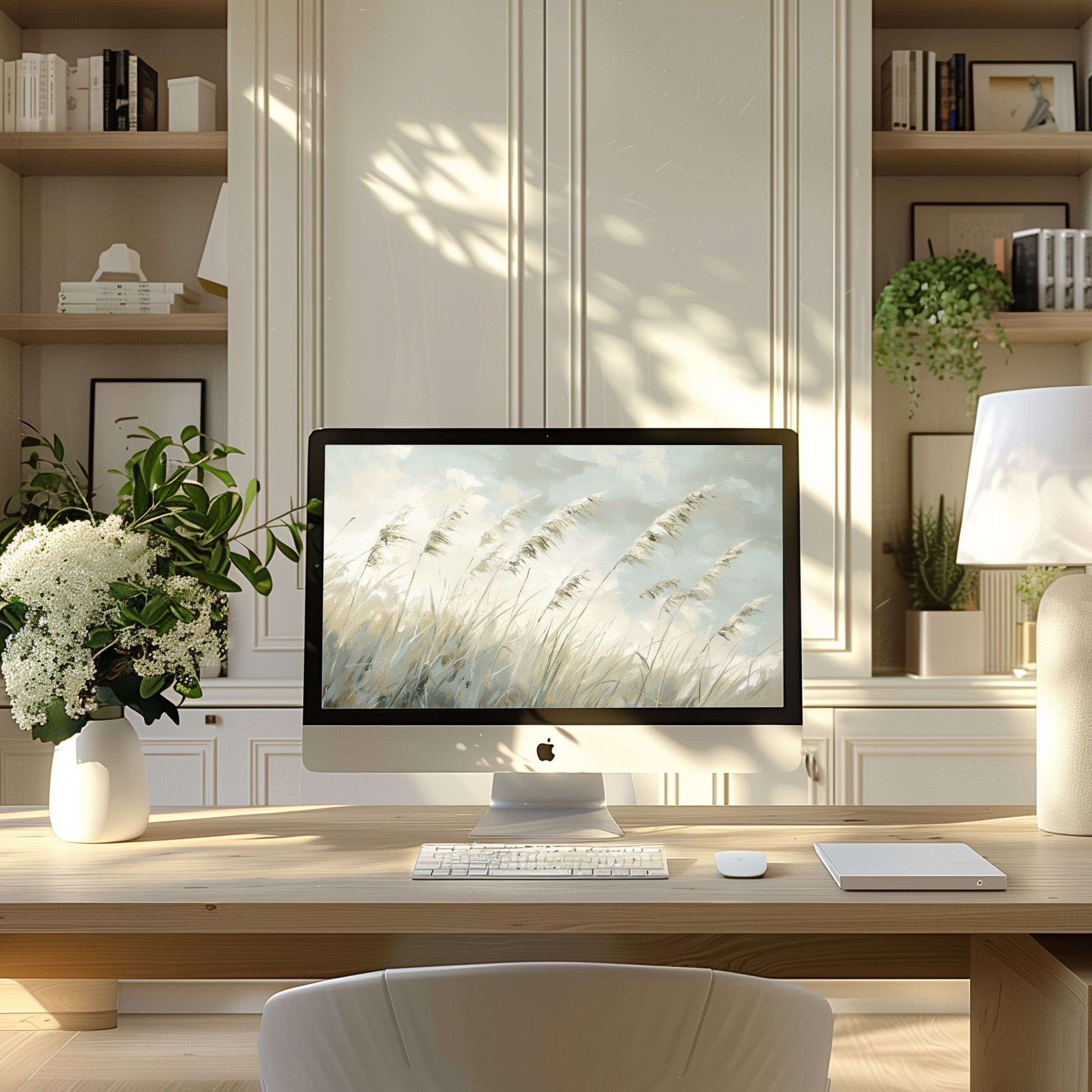 Elegant grass motif digital art wallpaper for computer creating calm inspiration in a modern home office perfect for PC or Laptop