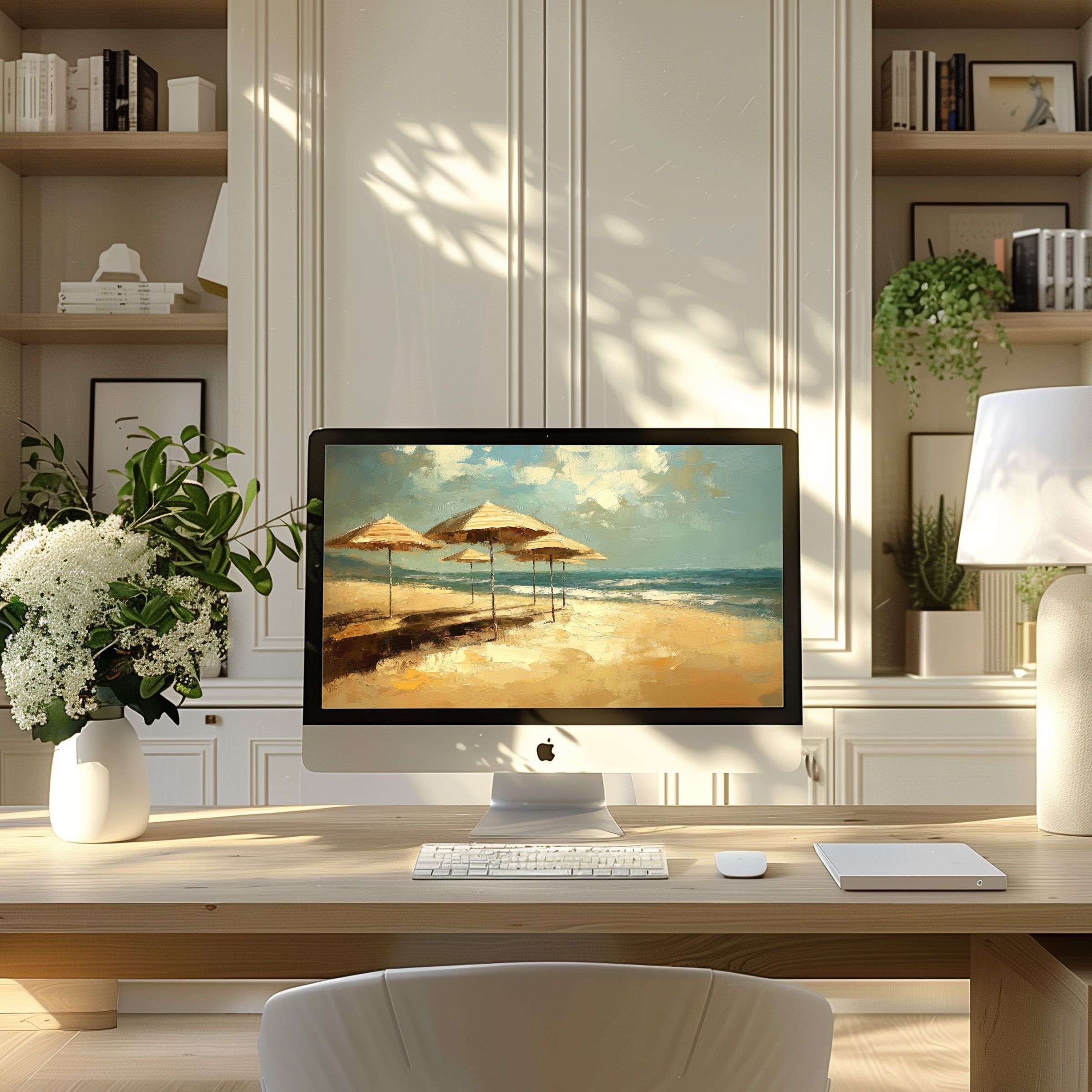 Elegant seascape digital art as wallpaper for computer inspires calm and creativity in a modern home office setting for PC or Laptop