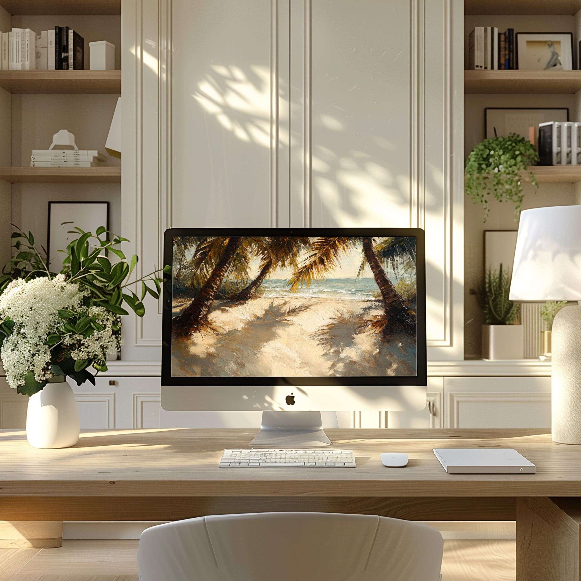 Elegant beach scene wallpaper for computer, ideal for PC or laptop, enhances modern office decor with calm, inspiring beauty