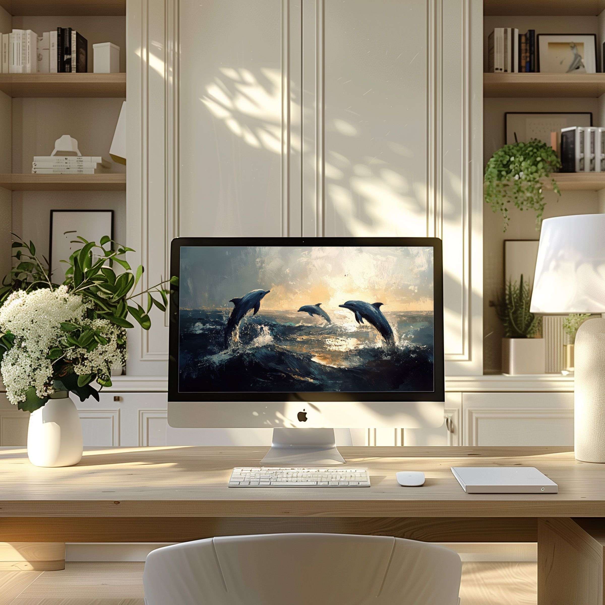Elegant dolphin painting wallpaper for computer brings calm inspiration to your modern PC or laptop home office setup