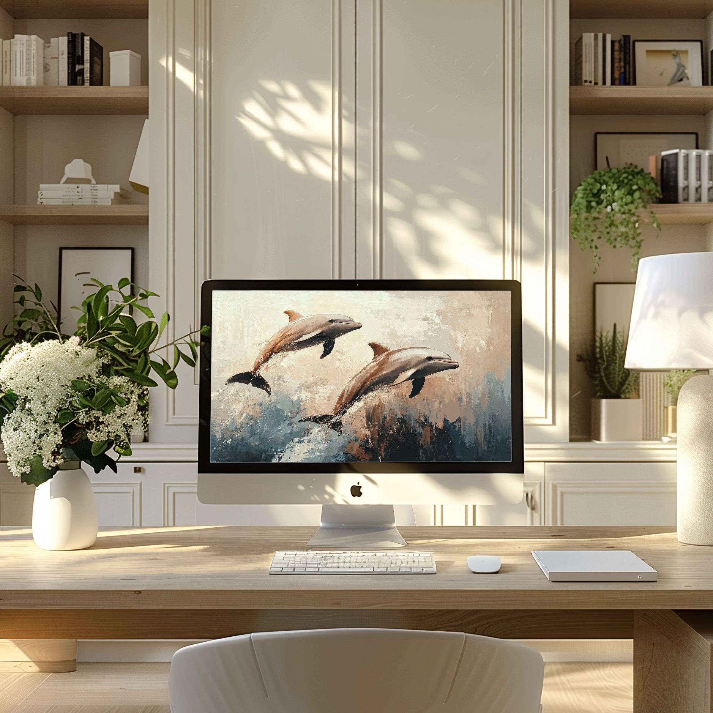 Elegant dolphin-themed wallpaper for computer, enhancing calm in modern home office setup, suits PC and laptop digital download