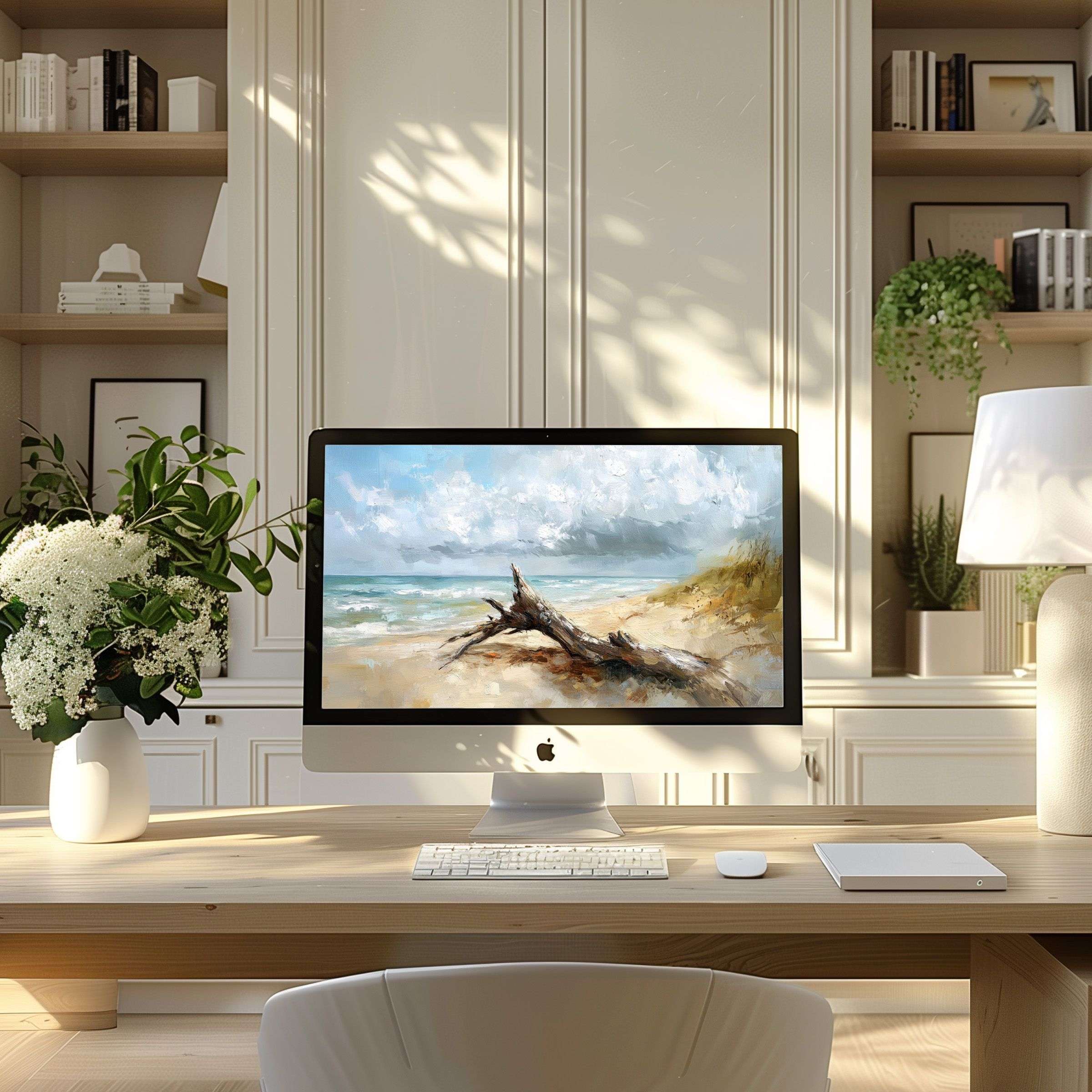 Tranquil beach scene wallpaper for computer elevates modern office aesthetics inspiring calm on PC, laptop, and ultrawide screens