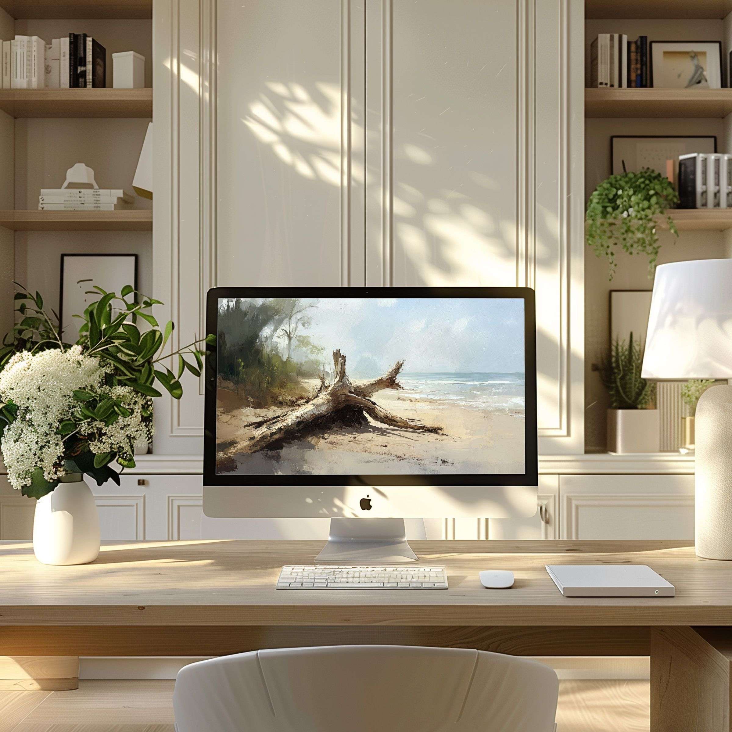Elegant beach scene wallpaper for computer fits PC and Laptop creating calm inspiration in a modern home office design