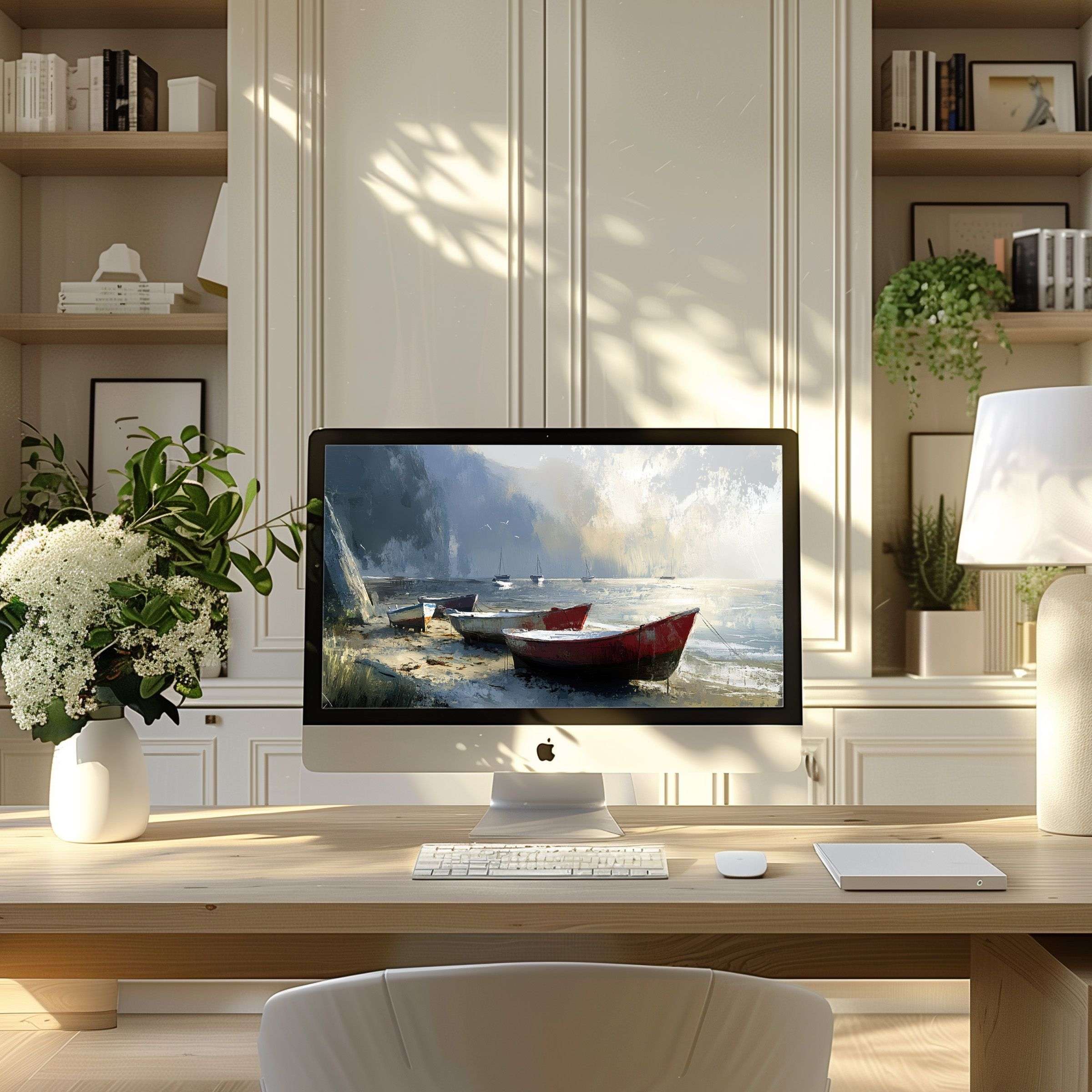Calming seascape digital art wallpaper for computer enhances modern home office elegance, fitting any PC or laptop seamlessly