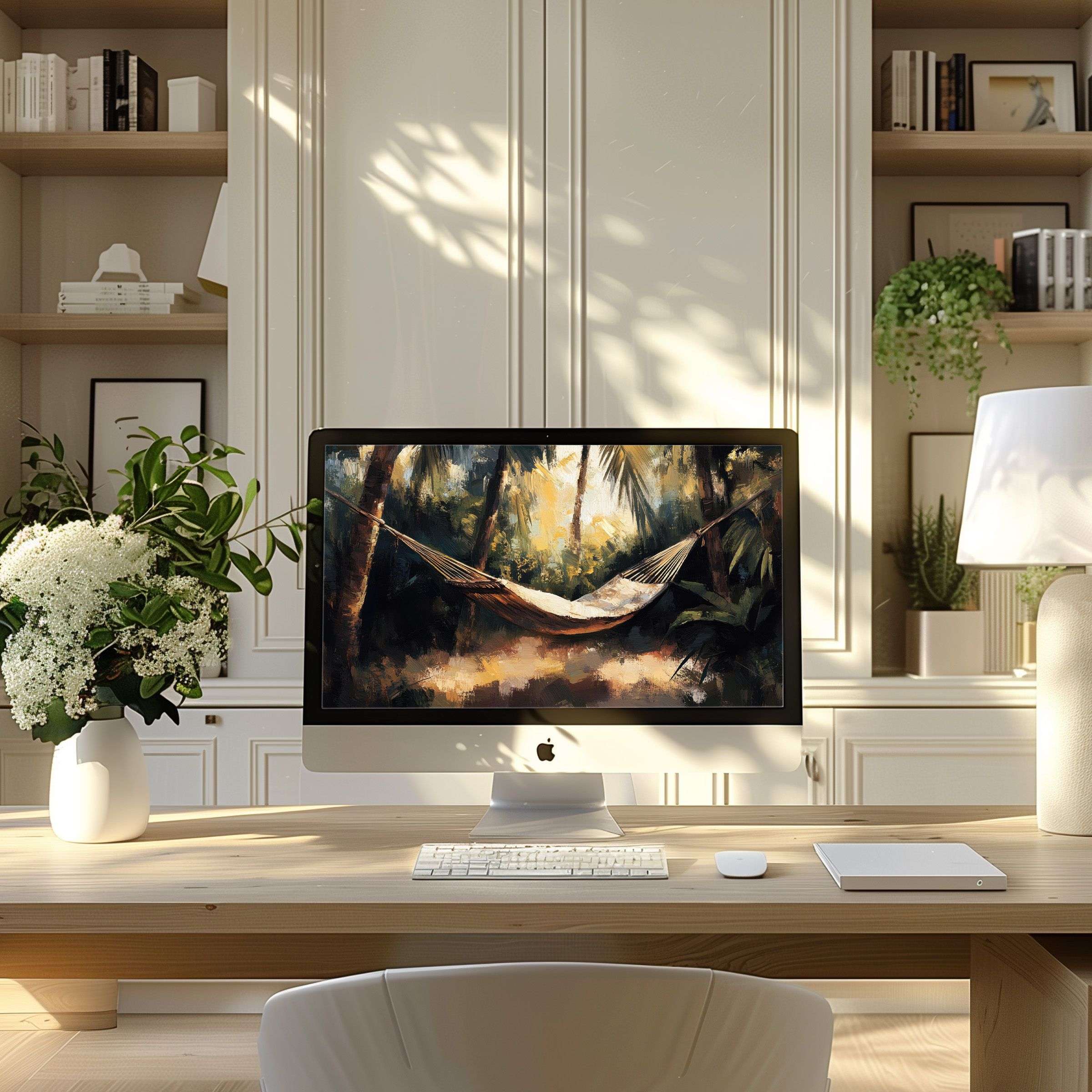 Elegant digital art wallpaper for computer featuring a serene hammock scene, perfect for PC or laptop to inspire tranquility