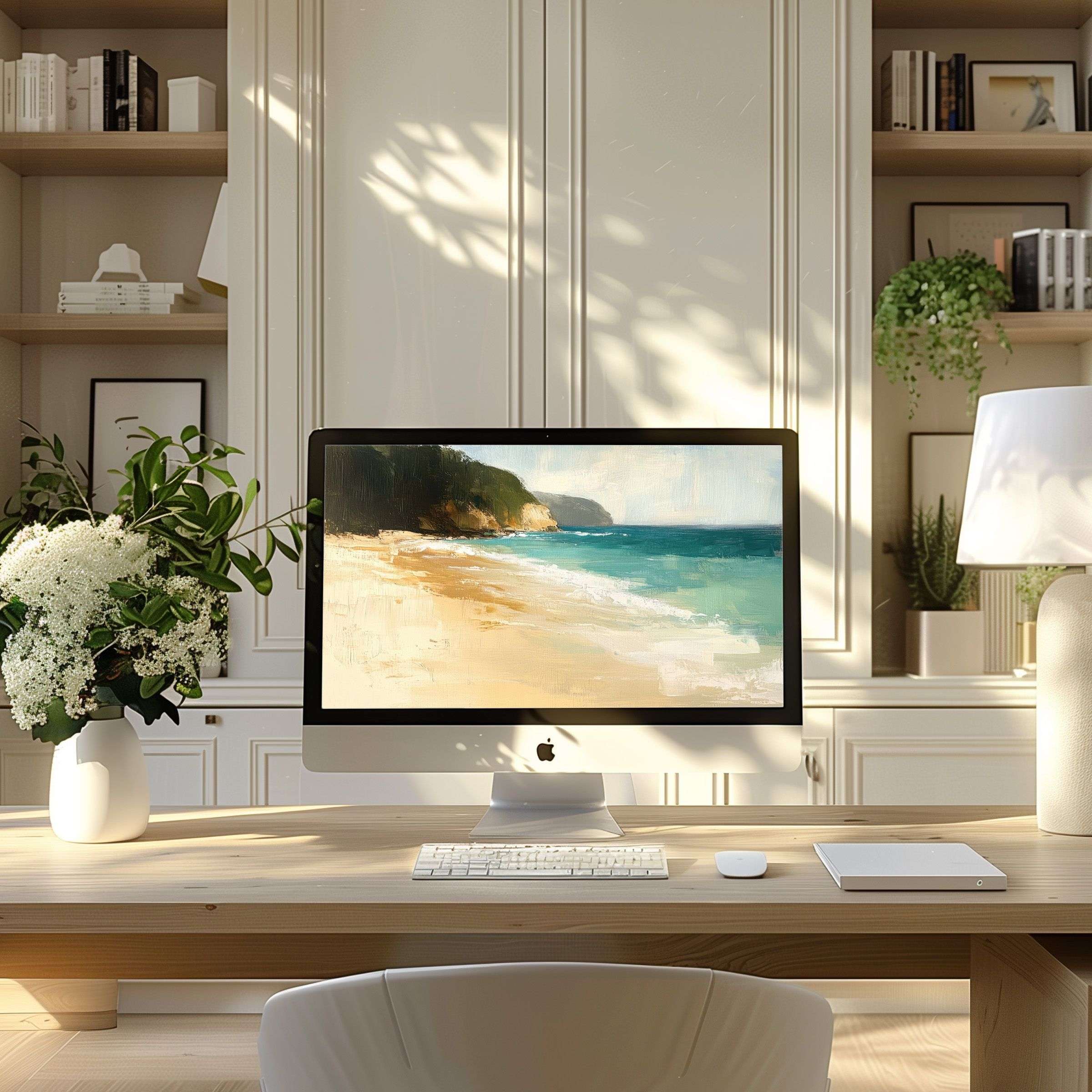 Inspiring coastal painting wallpaper for computer brings elegance and calm to any PC or laptop, perfect for a modern home office setup