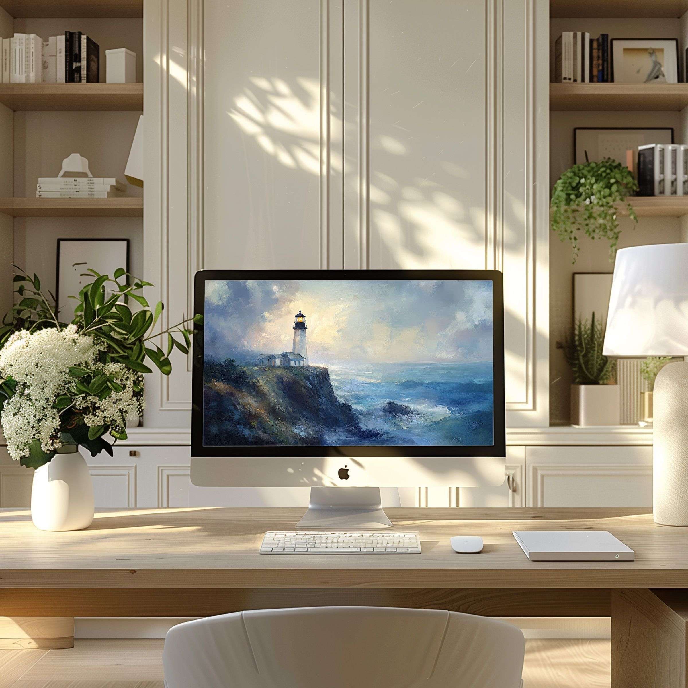 Elegant lighthouse art as wallpaper for computer creates calm inspiration in modern home office, perfect for PC and laptop