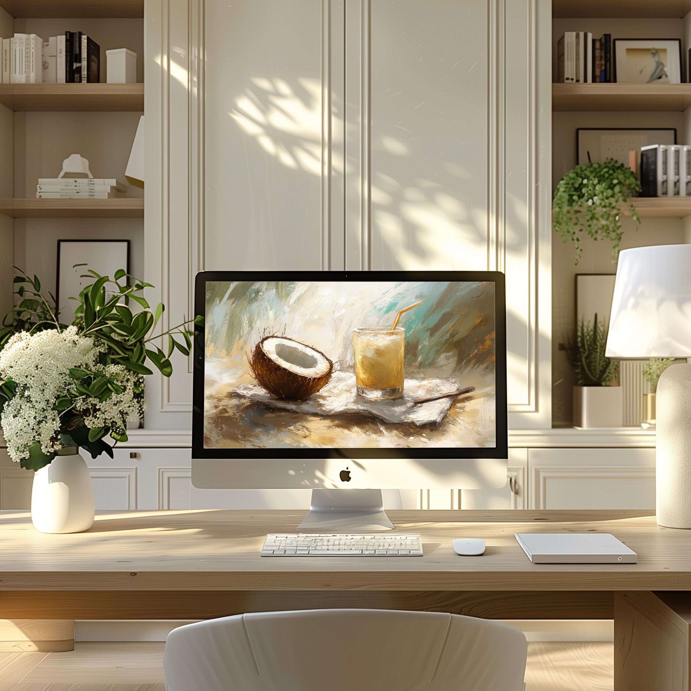 Elegant abstract coconut and drink digital wallpaper for computer in serene home office setting, fits PC, Laptop, ultrawide screens