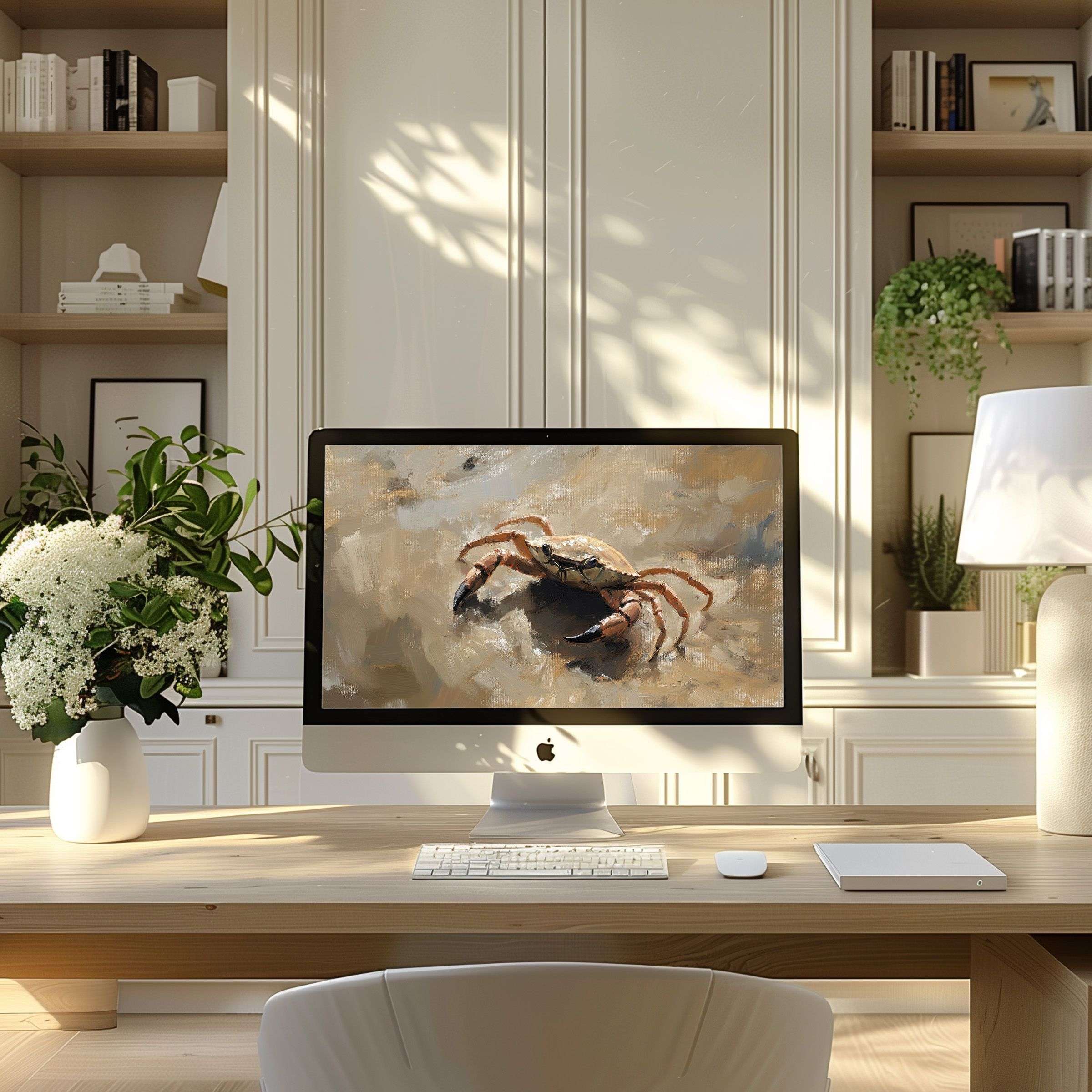 Elegant watercolor crab wallpaper for computer enhancing calm in modern home office fits PC laptop ultrawide digital download