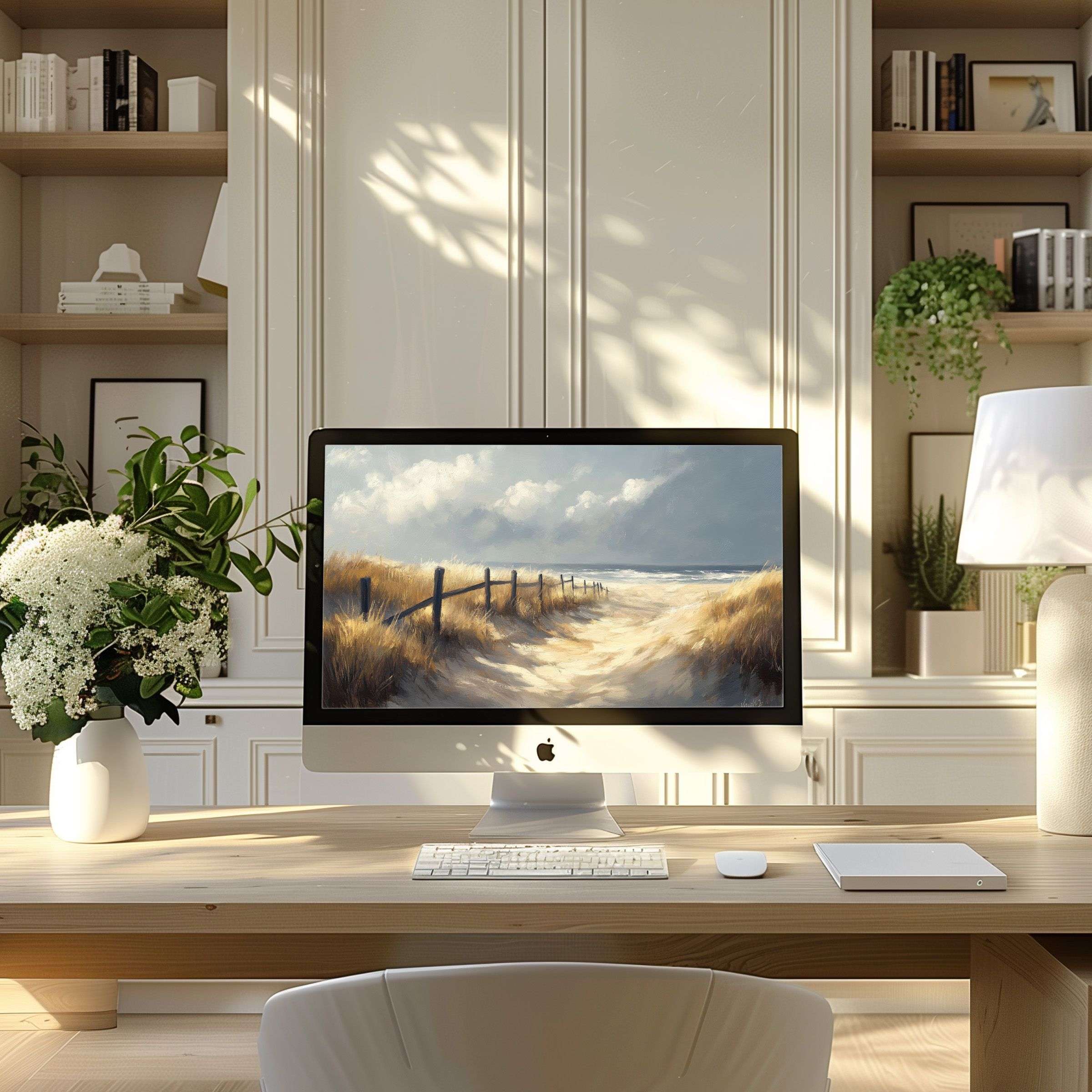 Serene coastal painting as wallpaper for computer in a modern home office inspires elegance and calm for PC, laptop, ultrawide displays