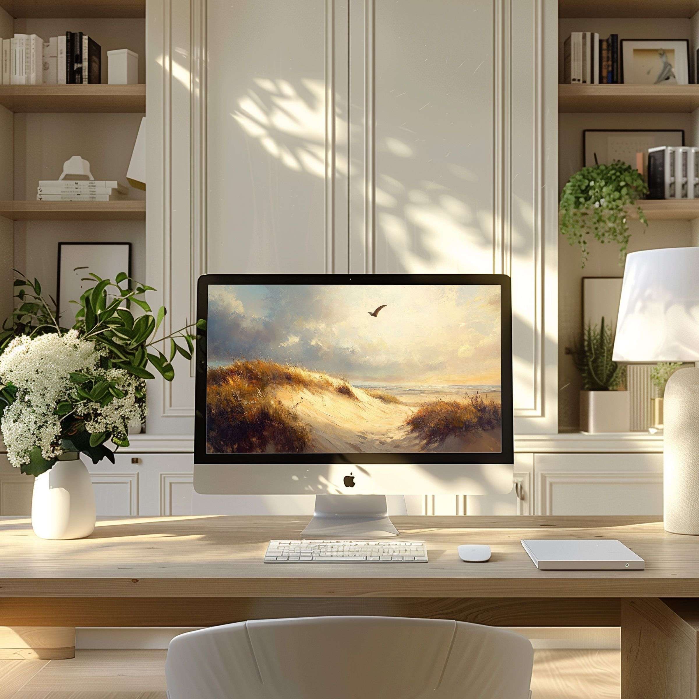 Elegant sand dune artwork, inspiring calm in a modern home office, perfect as a wallpaper for computer, PC, and laptop screens