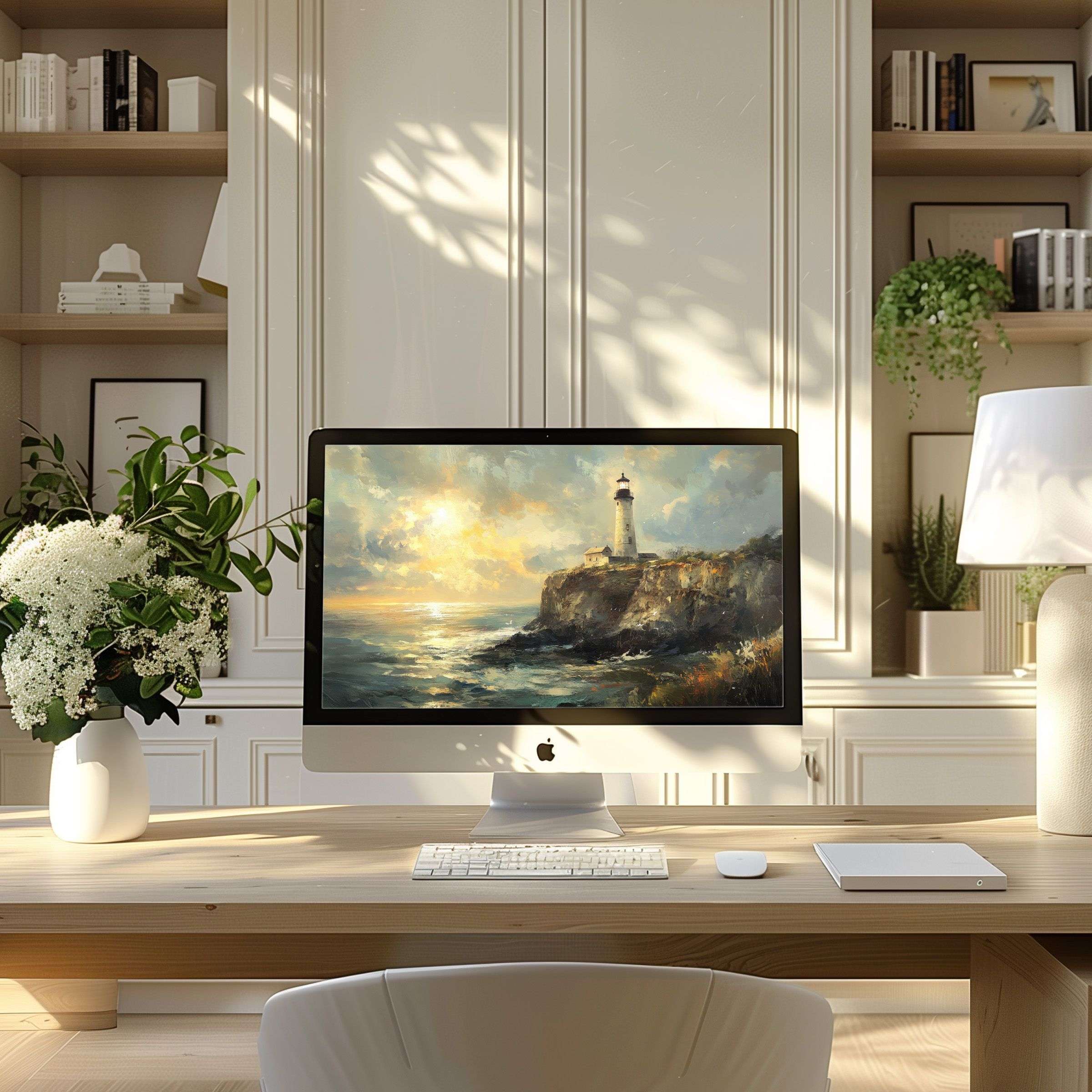 Elegant lighthouse seascape wallpaper for computer on desk inspires calmness; perfect fit for PC and laptop digital download