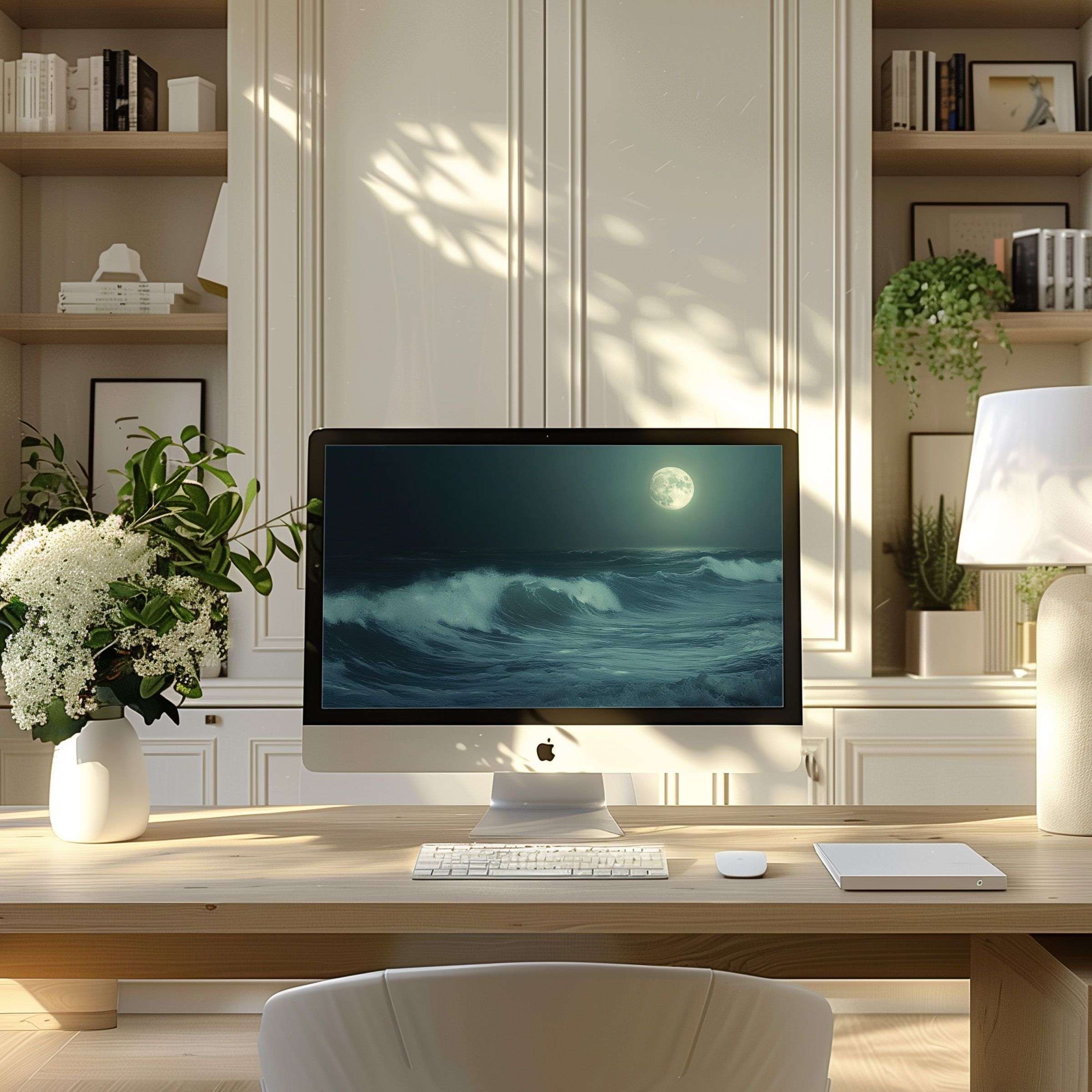 Elegant moonlit ocean waves on wallpaper for computer inspire calm in a modern home office perfect for PC or laptop setup
