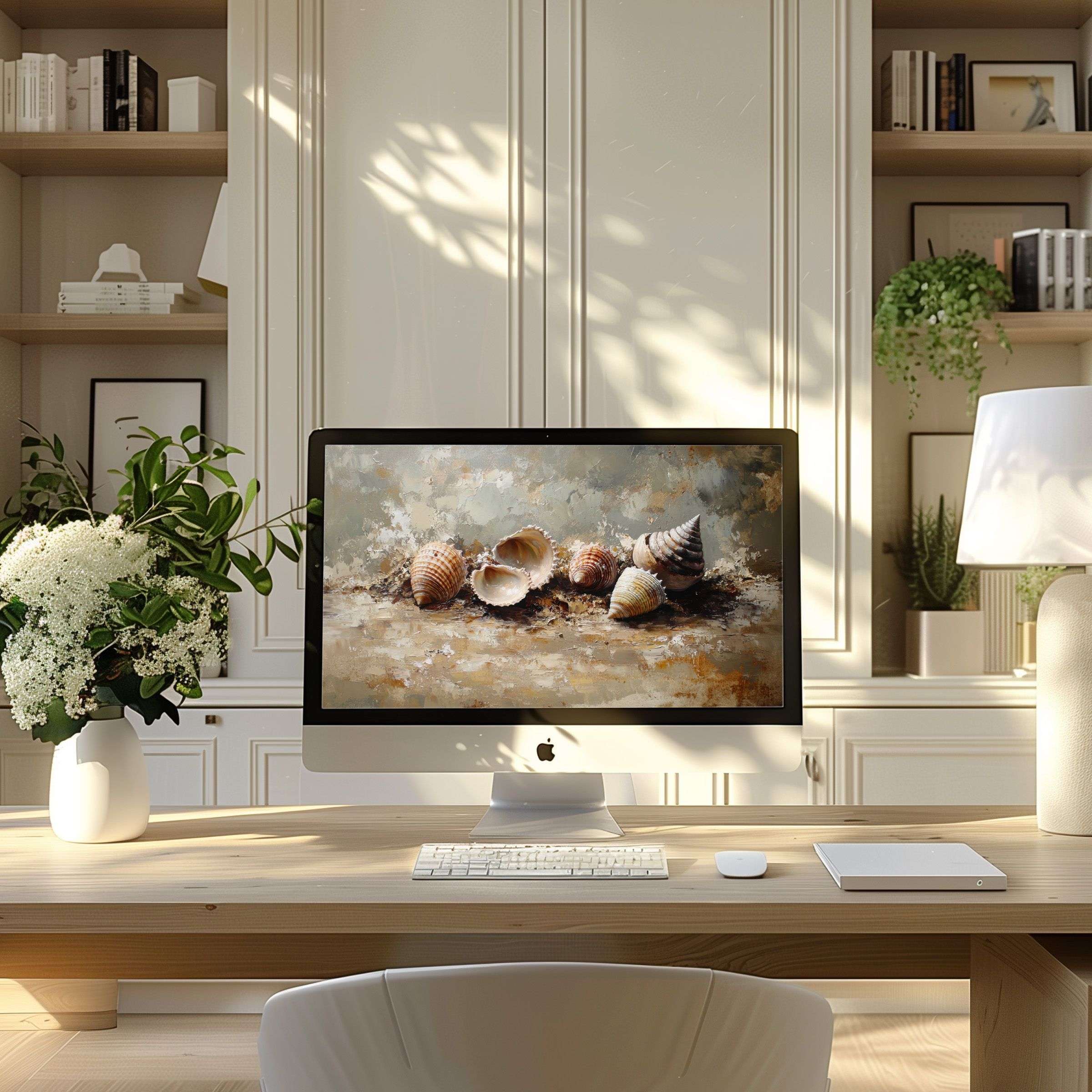 Elegant seashell digital art wallpaper for computer, perfect for PC and laptop, inspires calm in a modern home office space