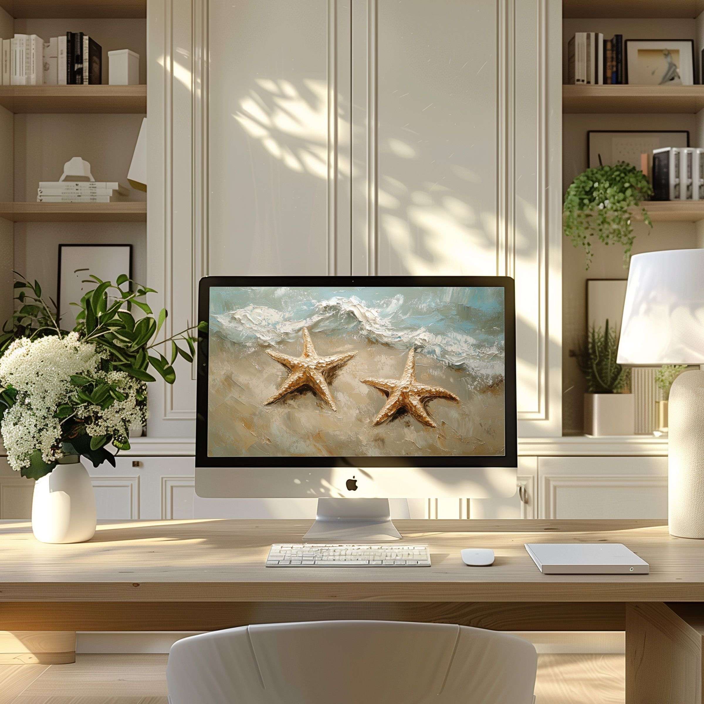 Inspire calm in your modern home office with starfish art wallpaper for computer, fitting PC or Laptop digital download