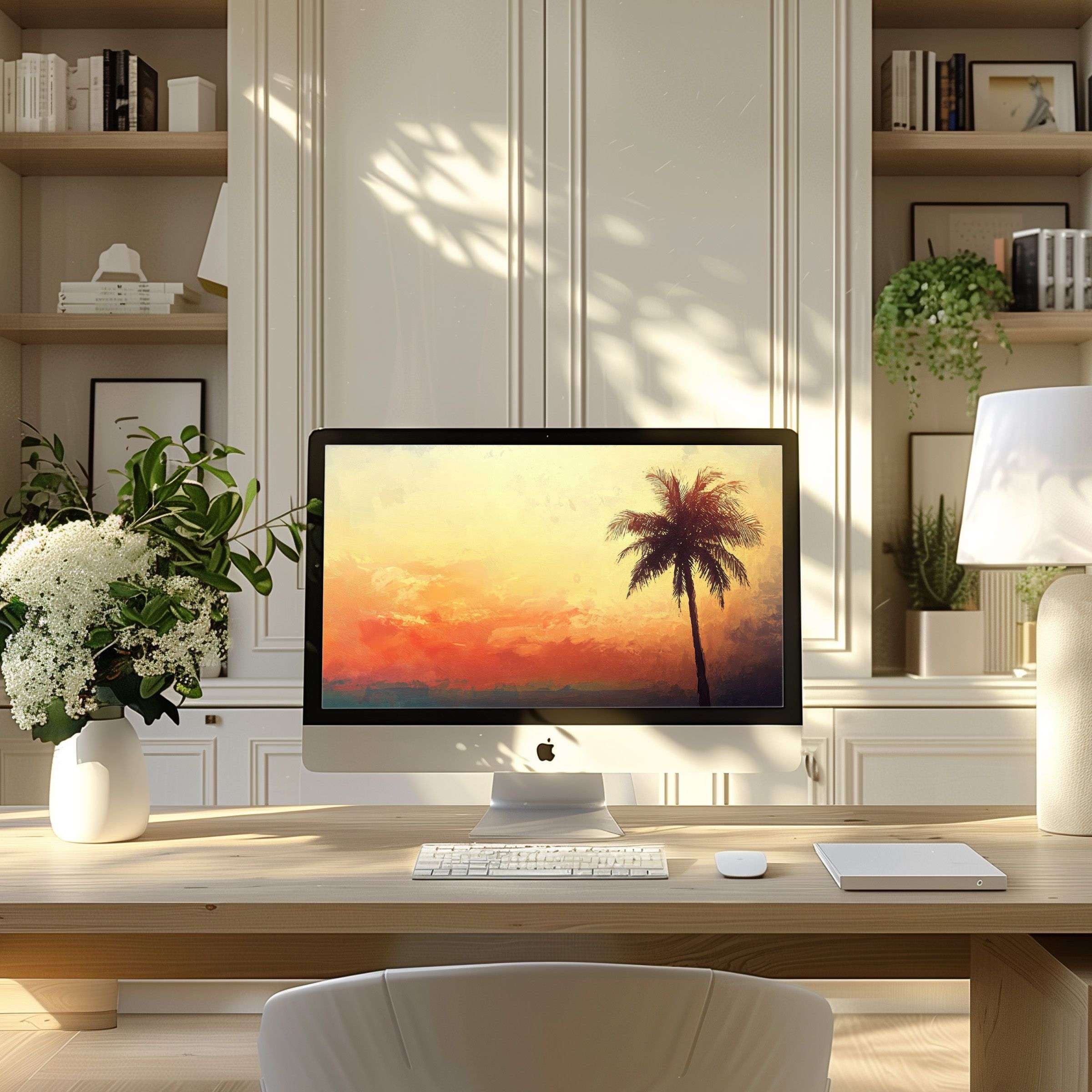 Elegant sunset wallpaper for computer and laptop adds calm inspiration to your PC in a modern home office setting