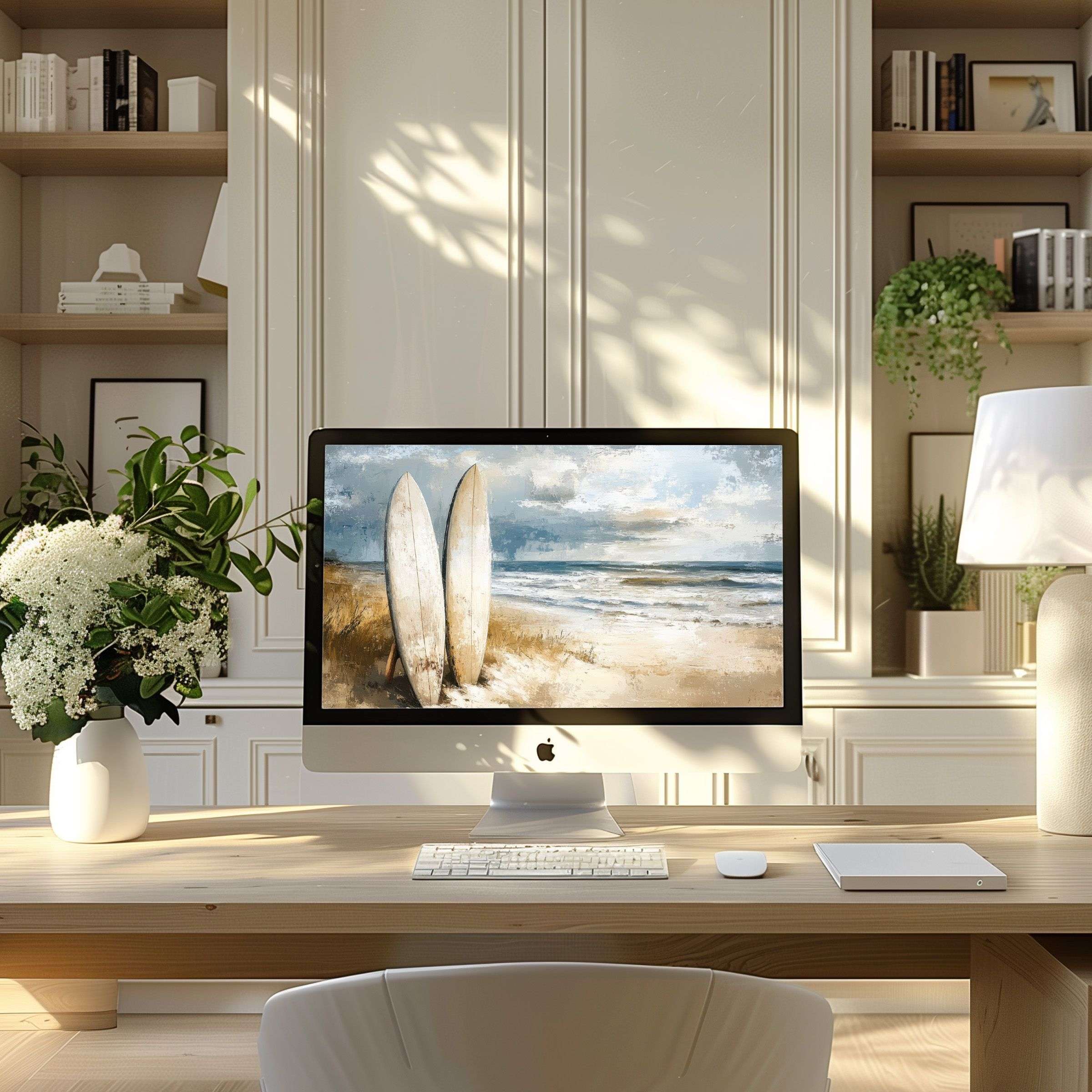 Elegant beach-themed wallpaper for computer inspires calm in a modern home office, ideal for PC or laptop, digital download