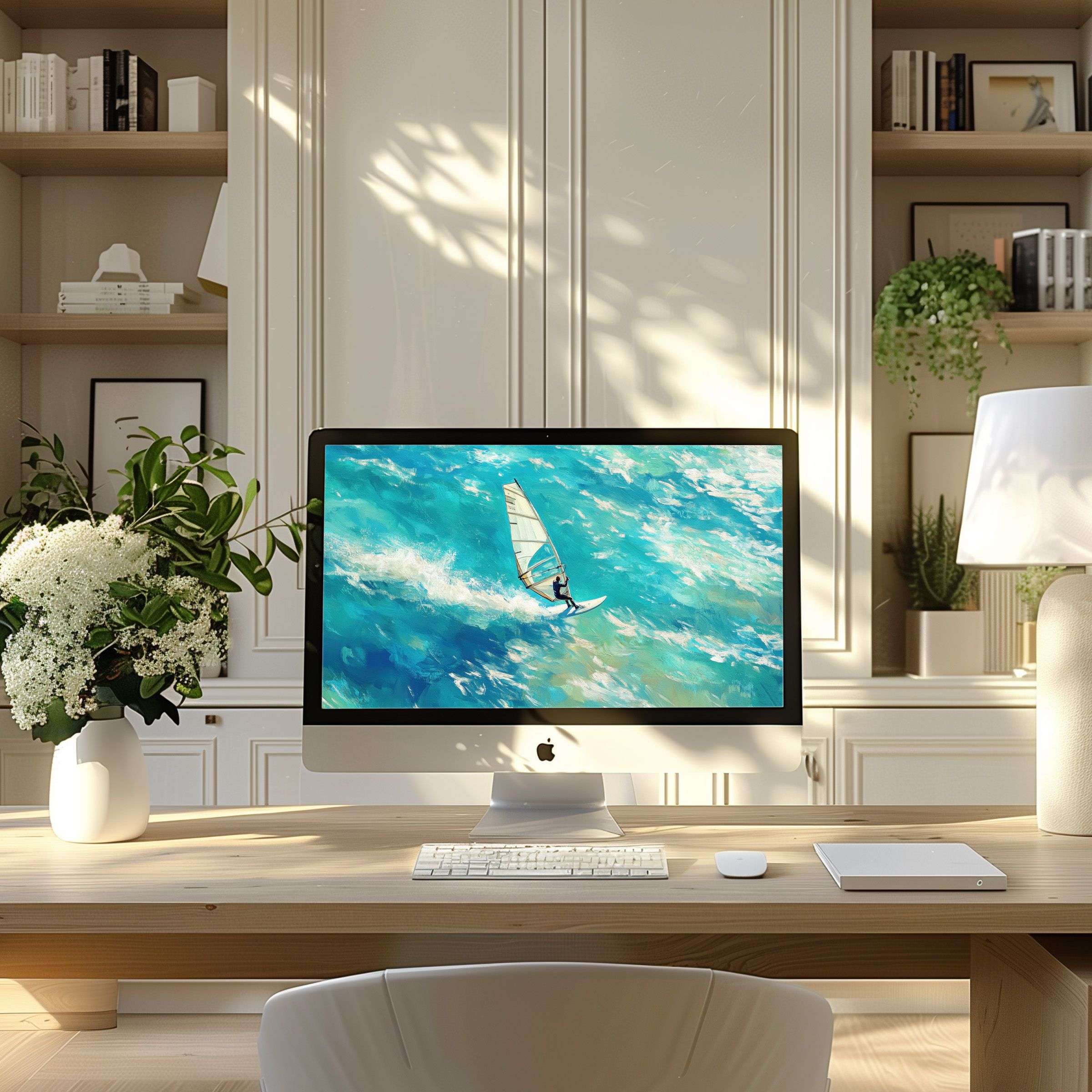Inspiring watercolor sailing scene wallpaper for computer creates calm elegance in modern home office; fits PC, laptop, ultrawide