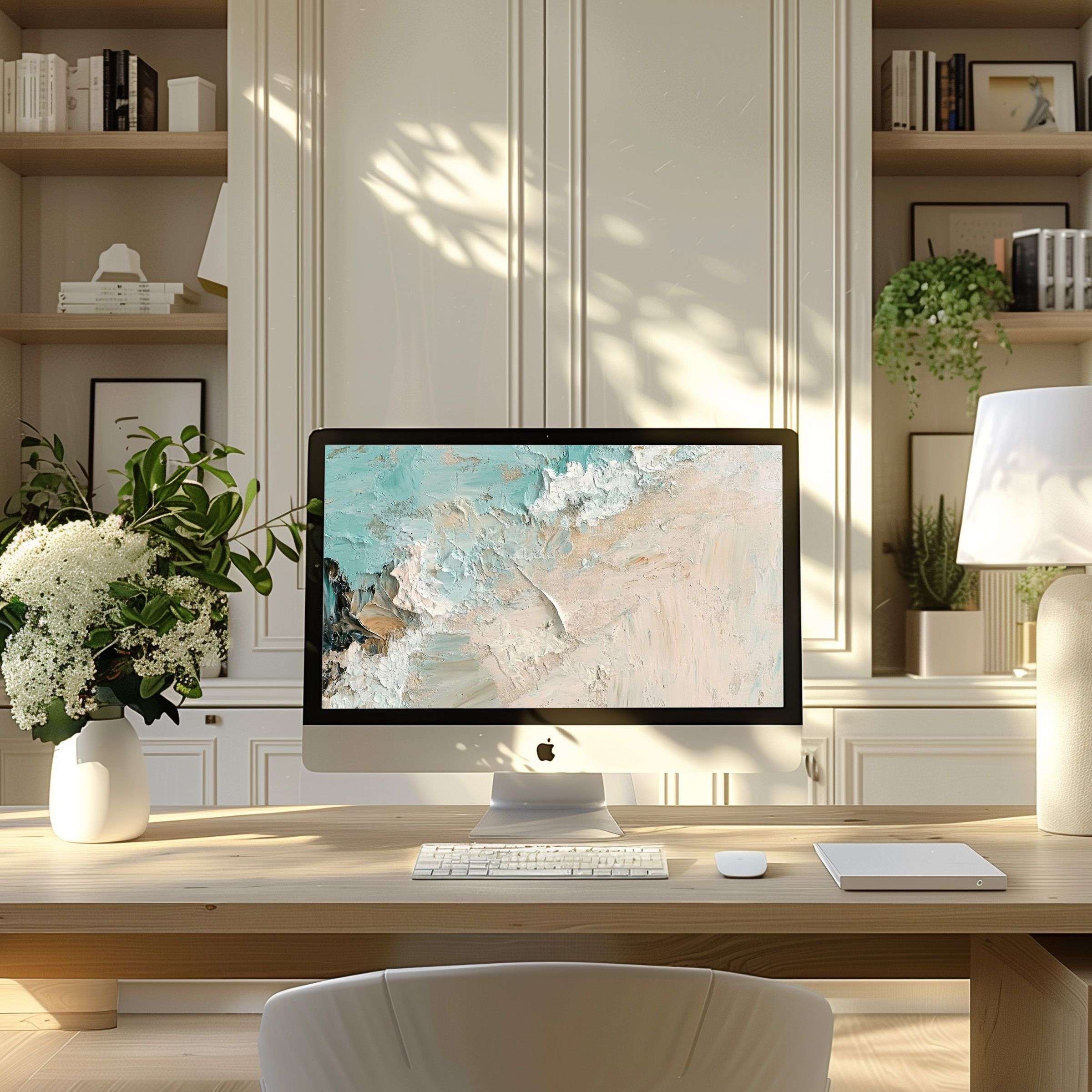 Elegant abstract art for PC and Laptop wallpaper, offering calm inspiration in a modern home office setting, digital download fit