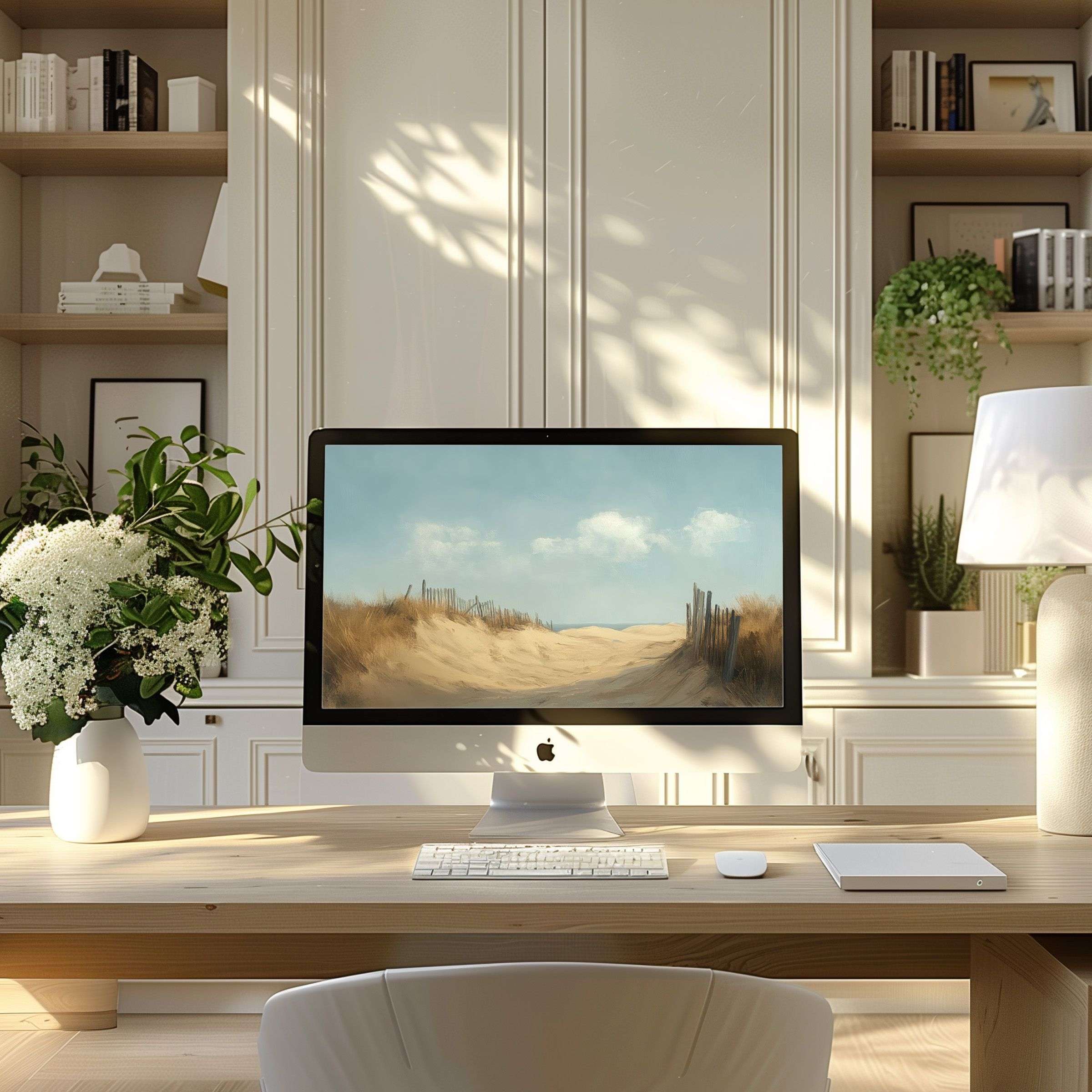 Elegant digital landscape art wallpaper for computer, PC, and laptop inspiring calm in a modern home office setup