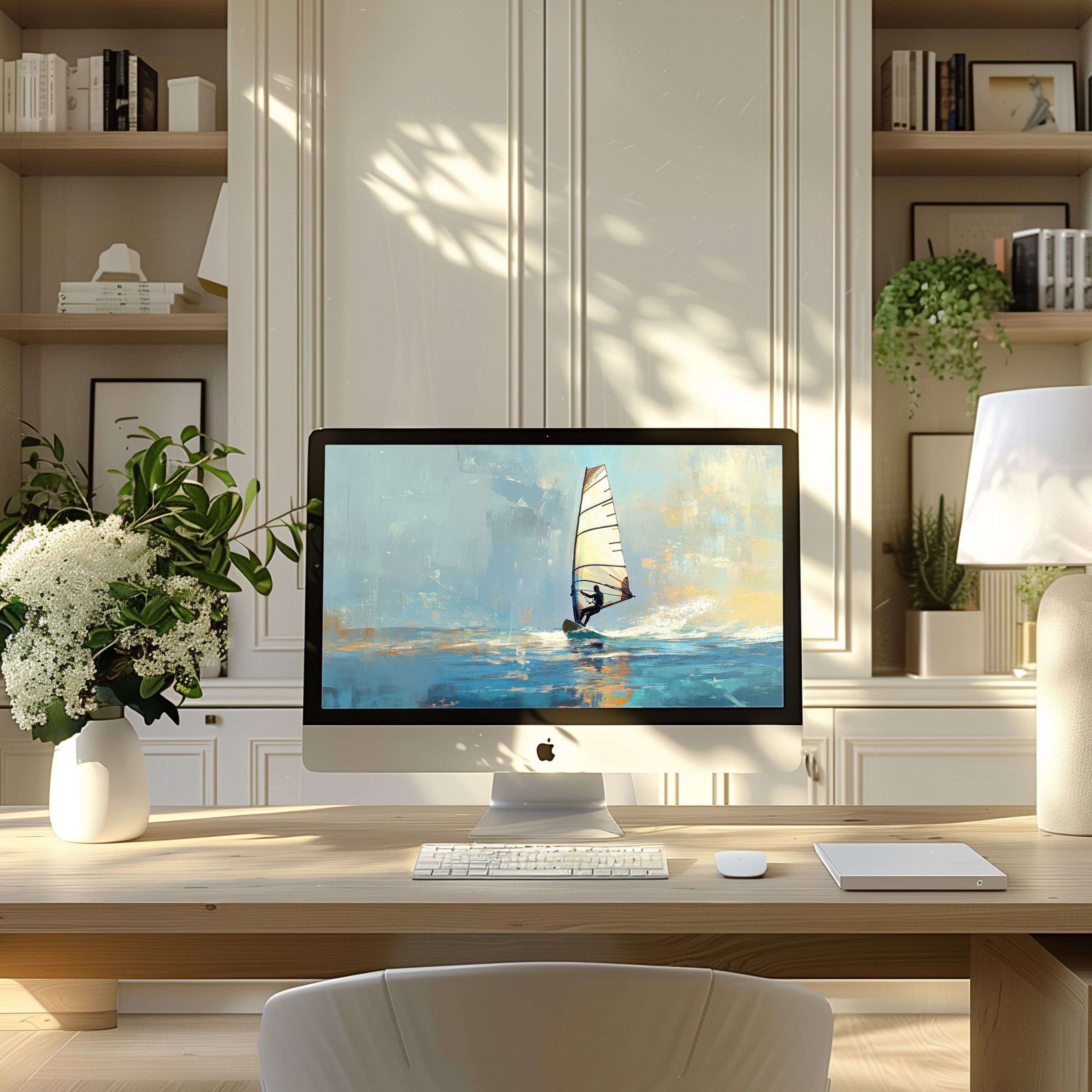 Inspirational wallpaper for computer with serene sailboat art enhancing modern home office decor for PC and laptop users seeking calm