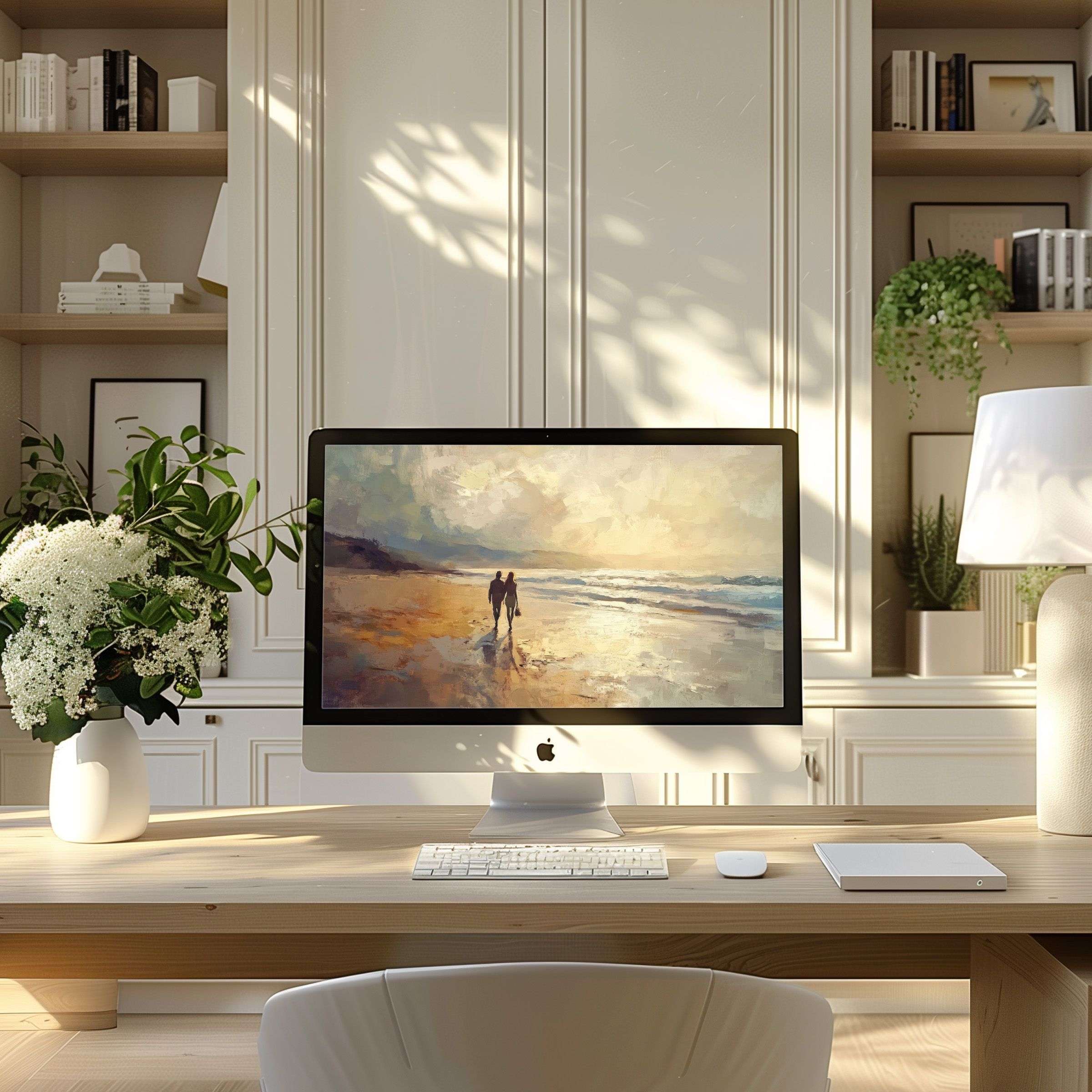 Elegant beach-themed digital art offers calming inspiration as a wallpaper for computer, PC, or laptop in a modern home office