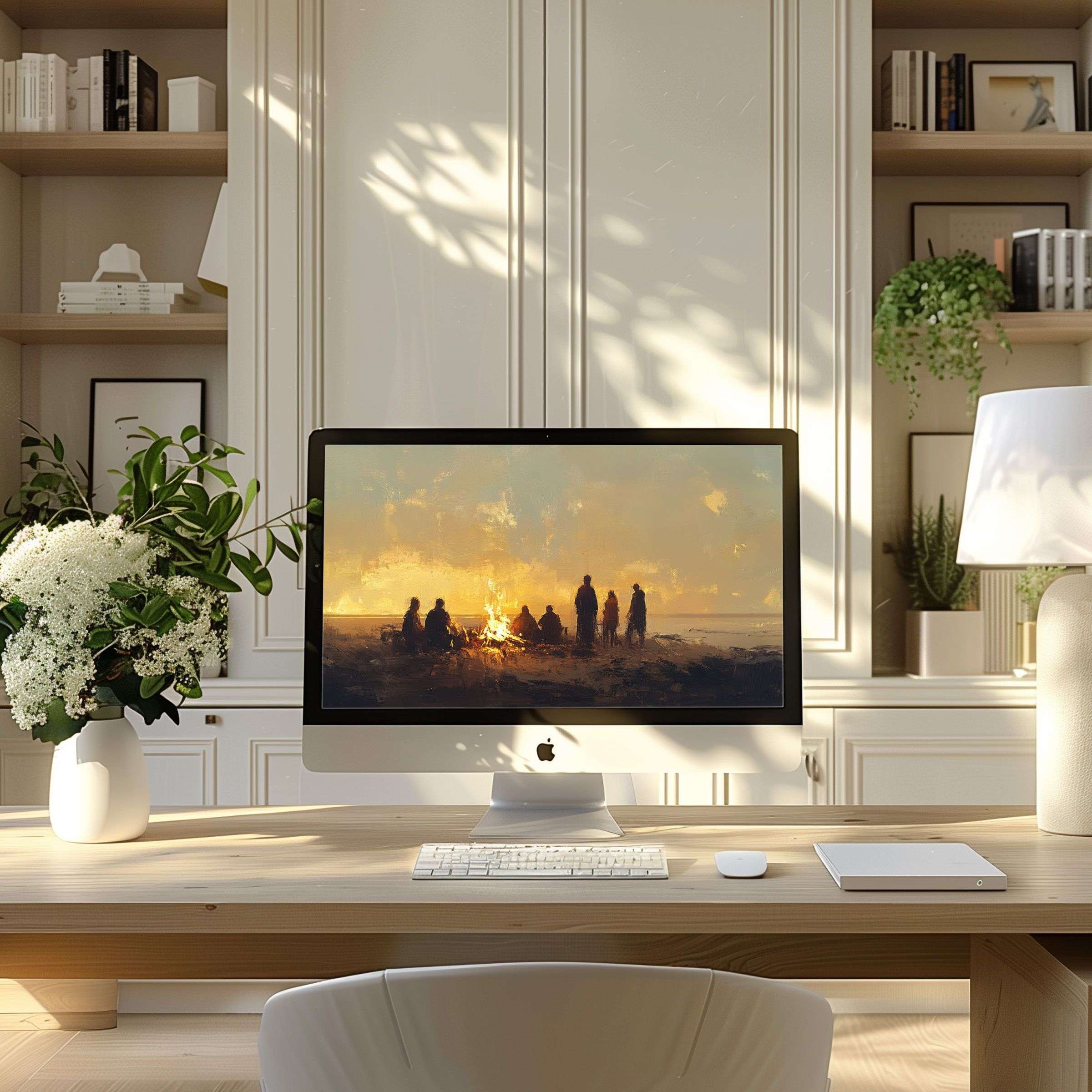 Calming digital artwork with warm sunset hues enhances any modern home office as elegant wallpaper for computer PC and laptop