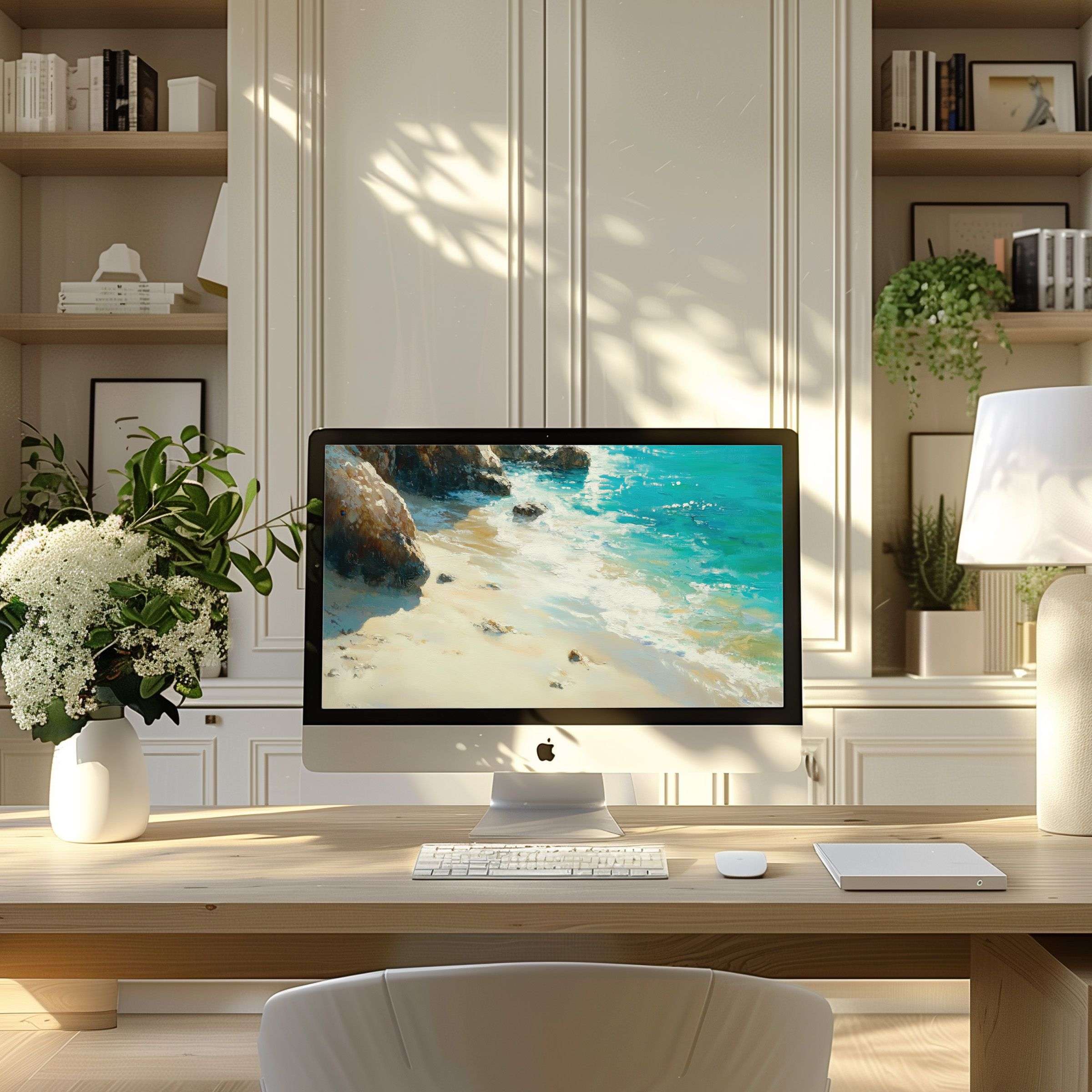 Serene beach artwork wallpaper for computer enhances modern home office elegance, fitting PC, laptop for inspiring calm digital download