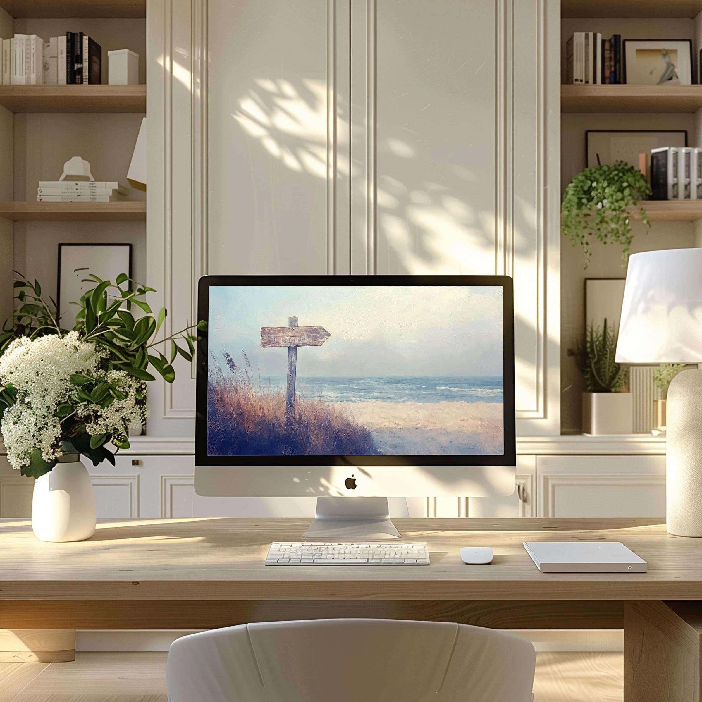 Calming ocean artwork featured as an elegant wallpaper for computer in a serene modern home office, perfect for PC and laptop use