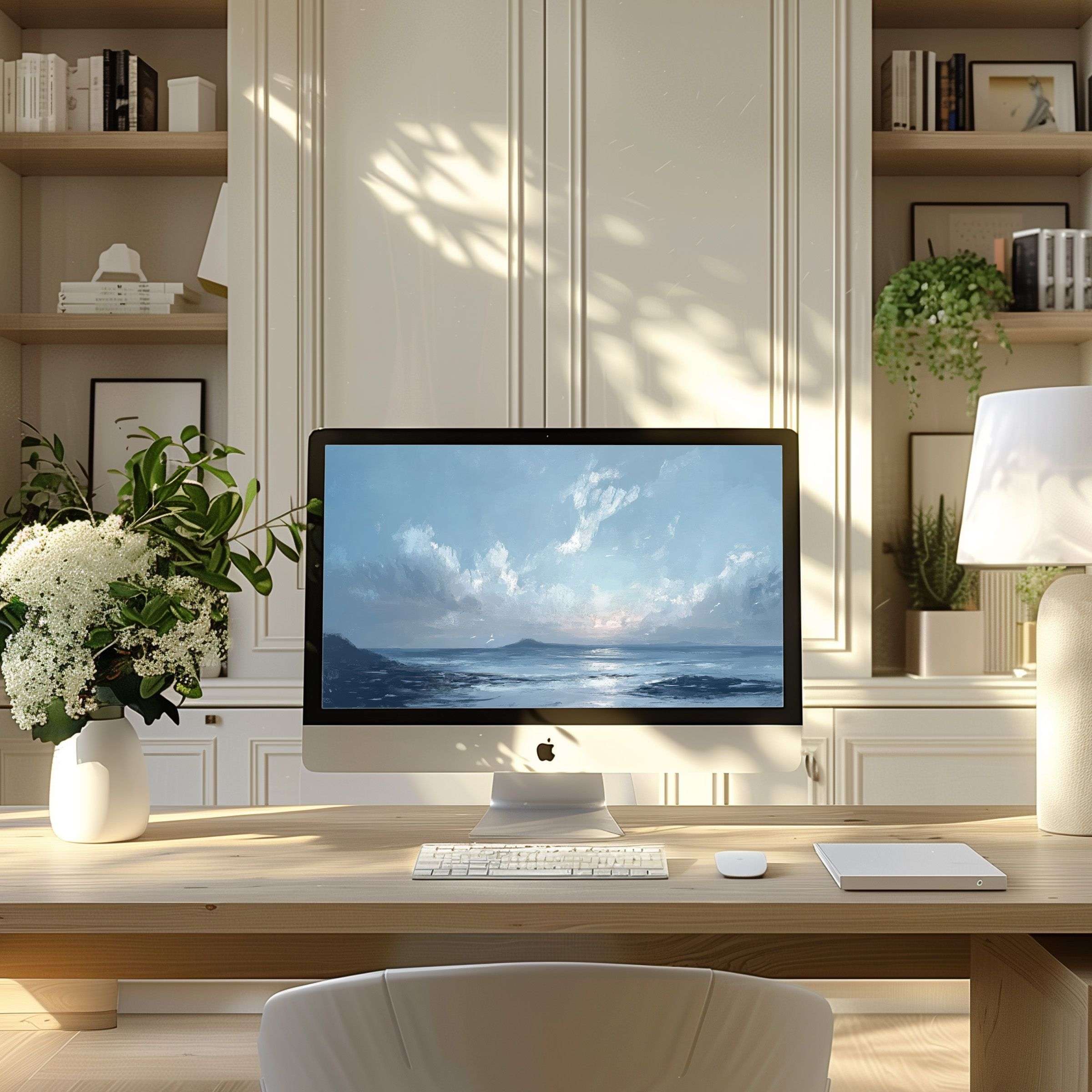 Elegant ocean serene wallpaper for computer seamlessly fits your PC or Laptop setup, inspiring calm in modern home office spaces