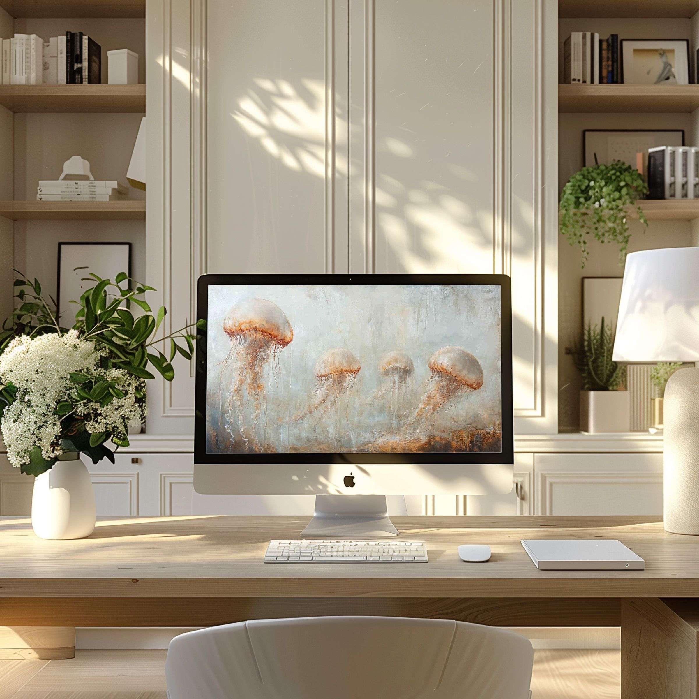 Elegant jellyfish artwork wallpaper for computer enhances modern home office inspiring calm and sophisticated ambiance for PC or laptop use