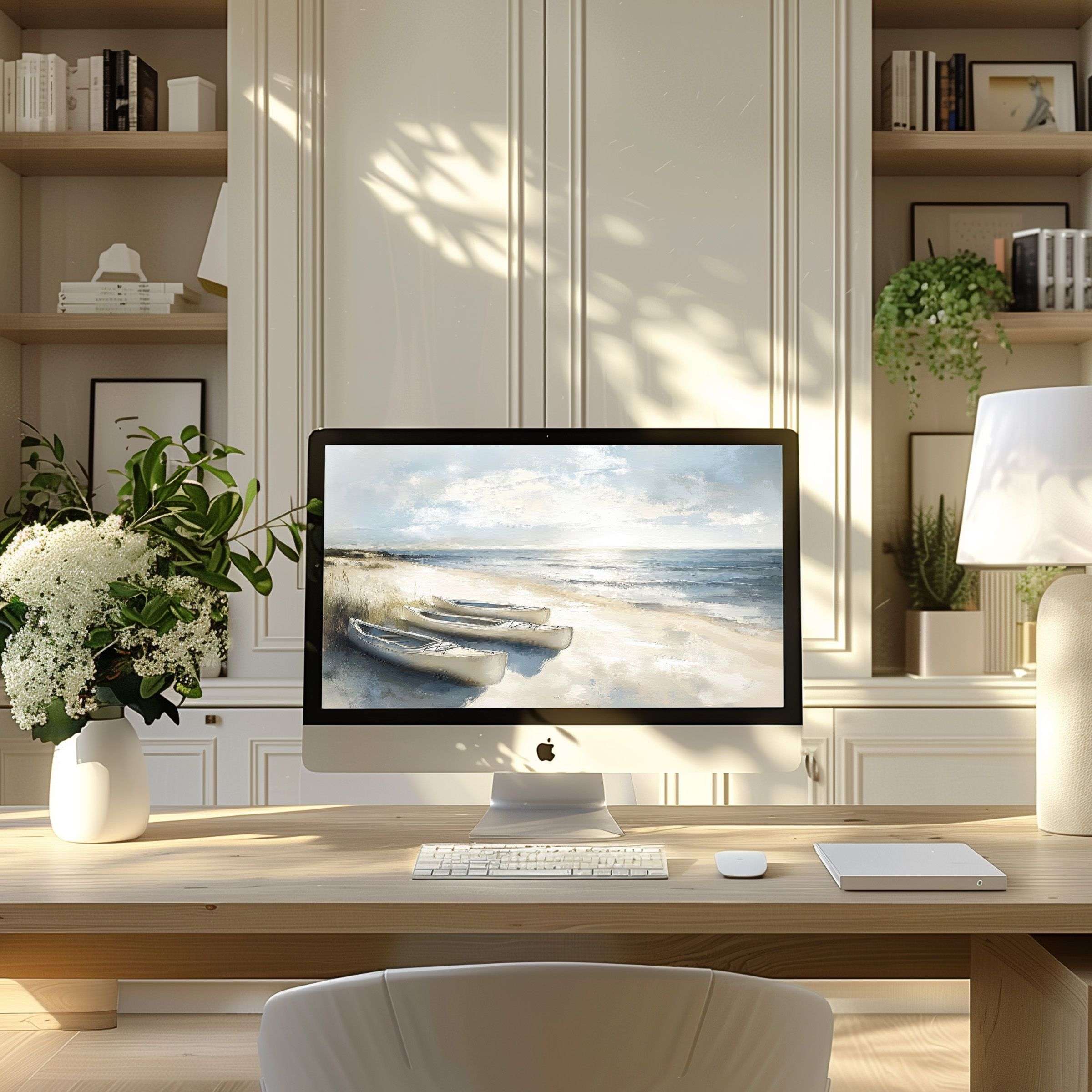 Calming beach scenery wallpaper for computer enhances modern home office, inspires elegance on PC, laptop, fits ultrawide download