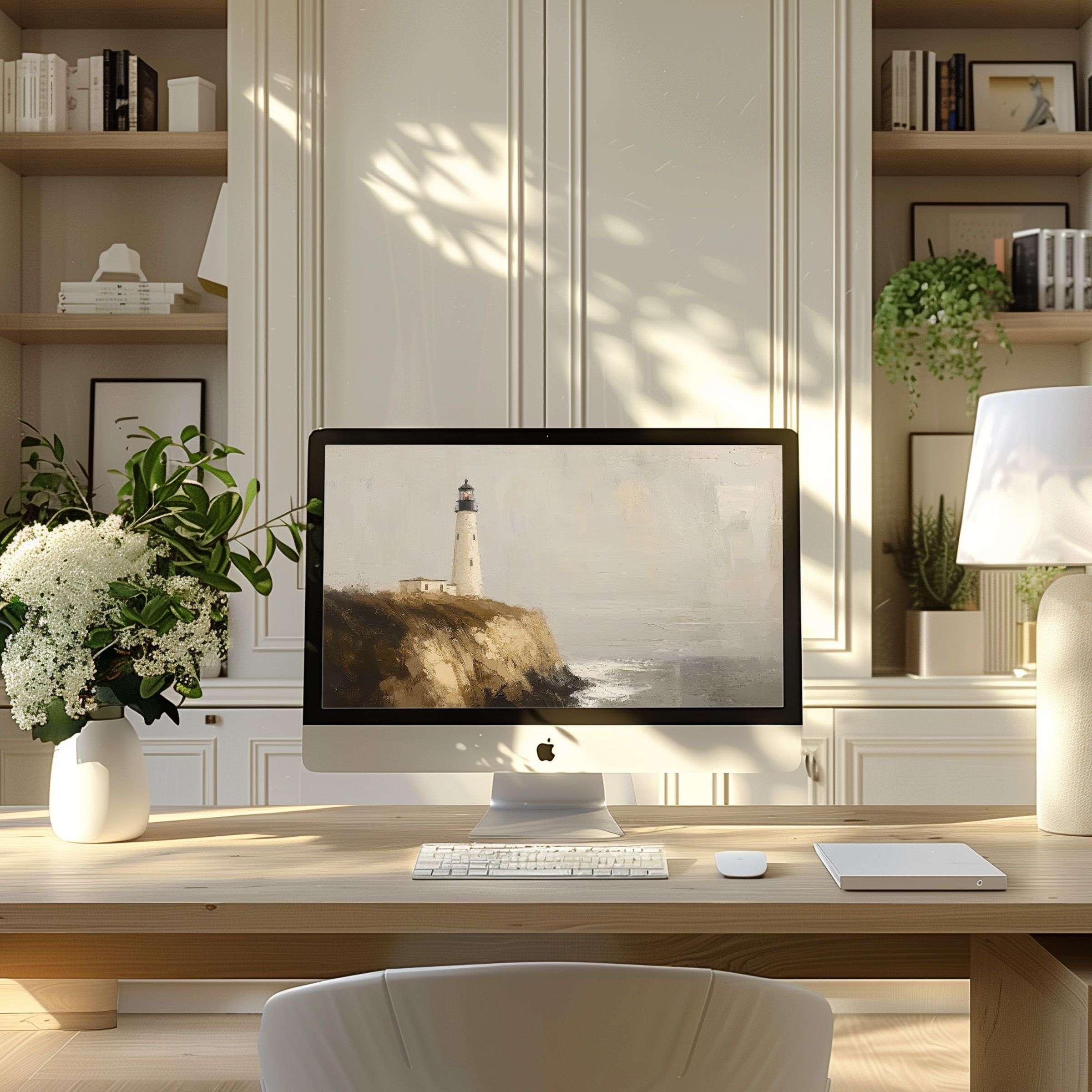 Elegant lighthouse seascape wallpaper for computer elevates modern home office, fits PC and Laptop, inspiring calm and focus