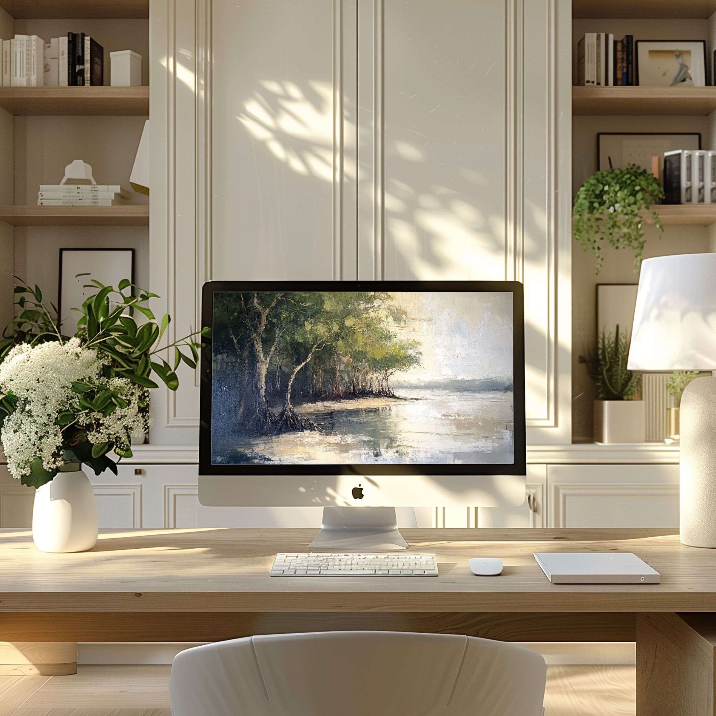 Serene digital art depicting tranquil landscapes as a wallpaper for computer, PC, or laptop in a modern, elegant home office setting