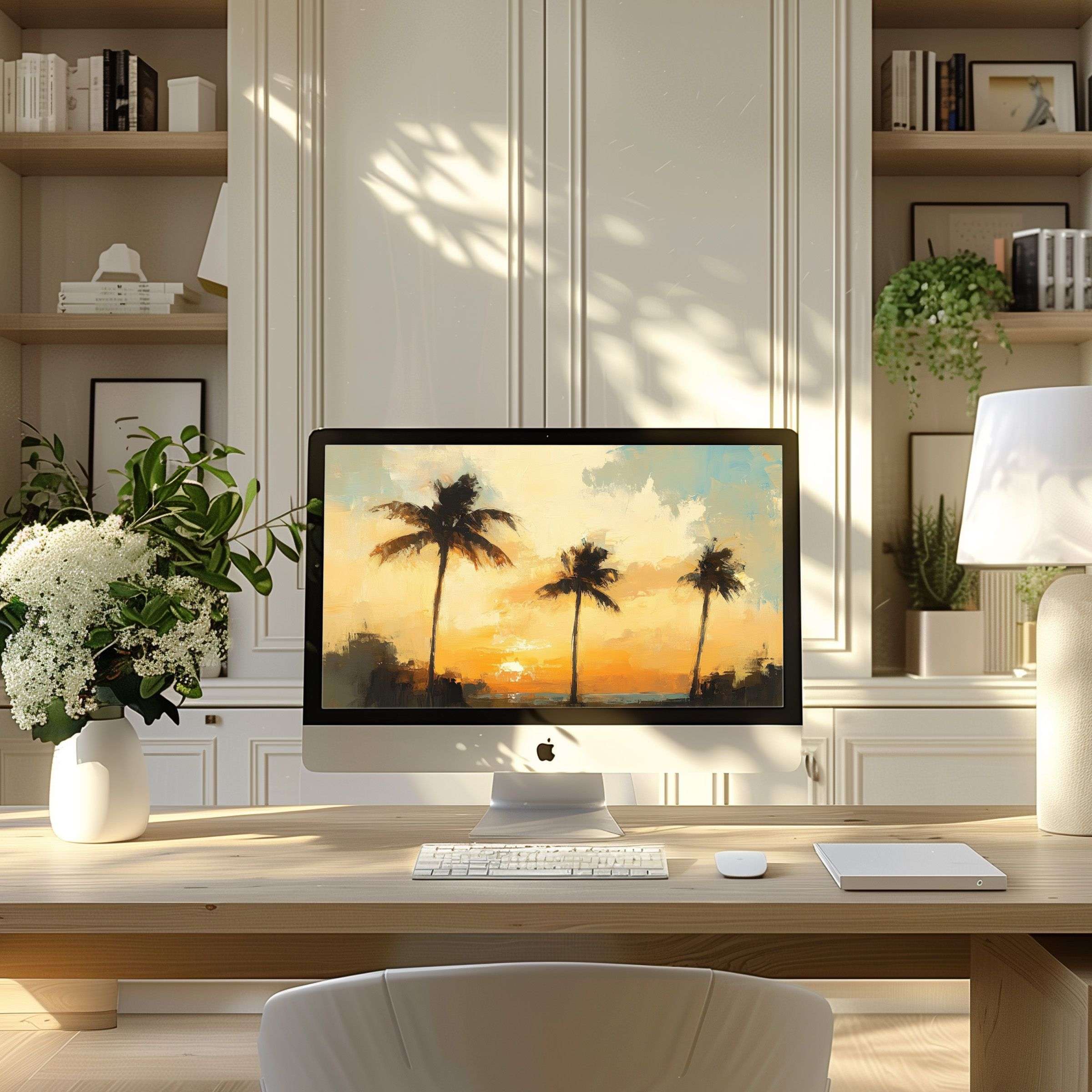 Elegant sunset palm painting as wallpaper for computer, PC, and laptop adds calm and inspiration to modern home office decor