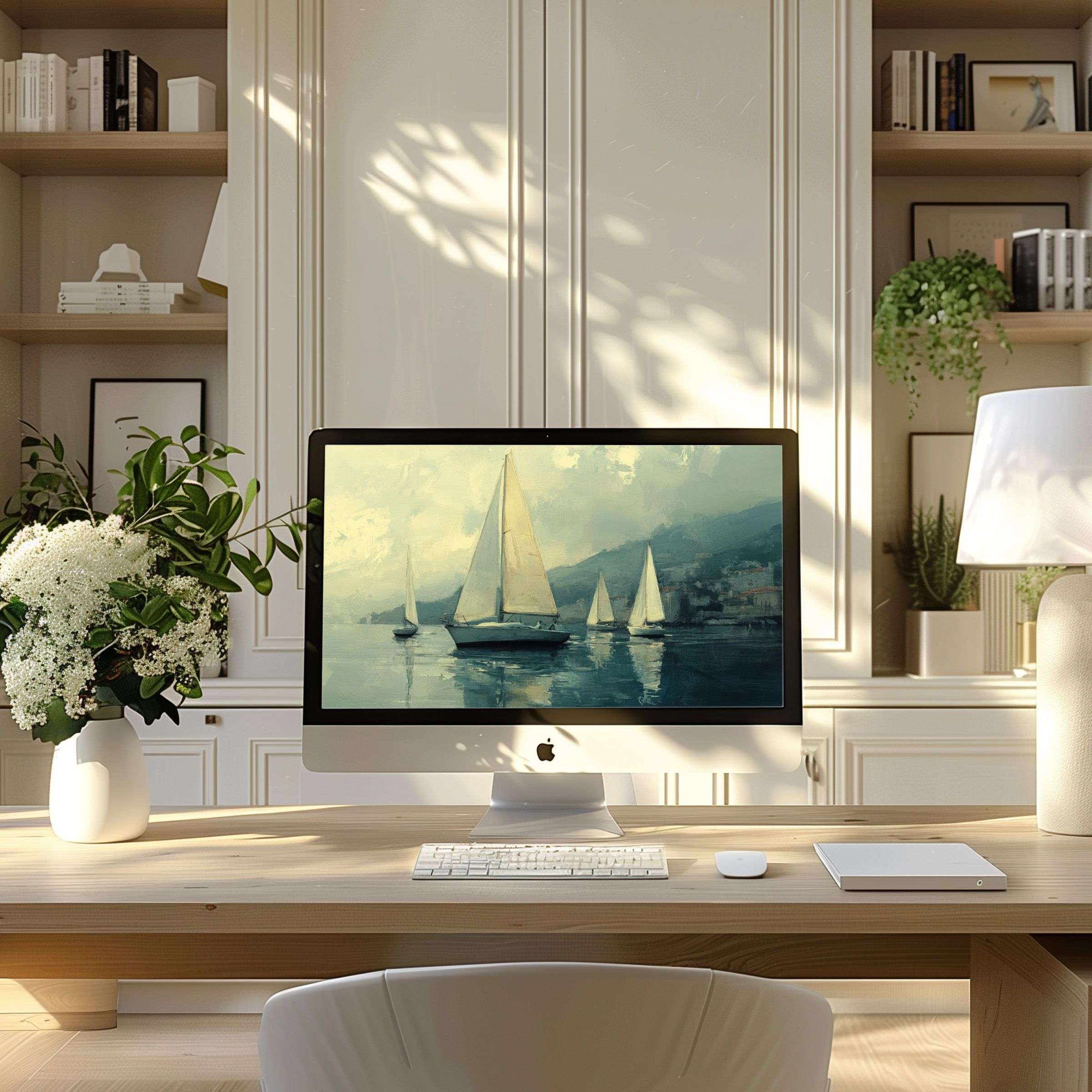 Sailing boat art wallpaper for computer offers elegance and calm for PC and laptop, perfect for a modern home office atmosphere