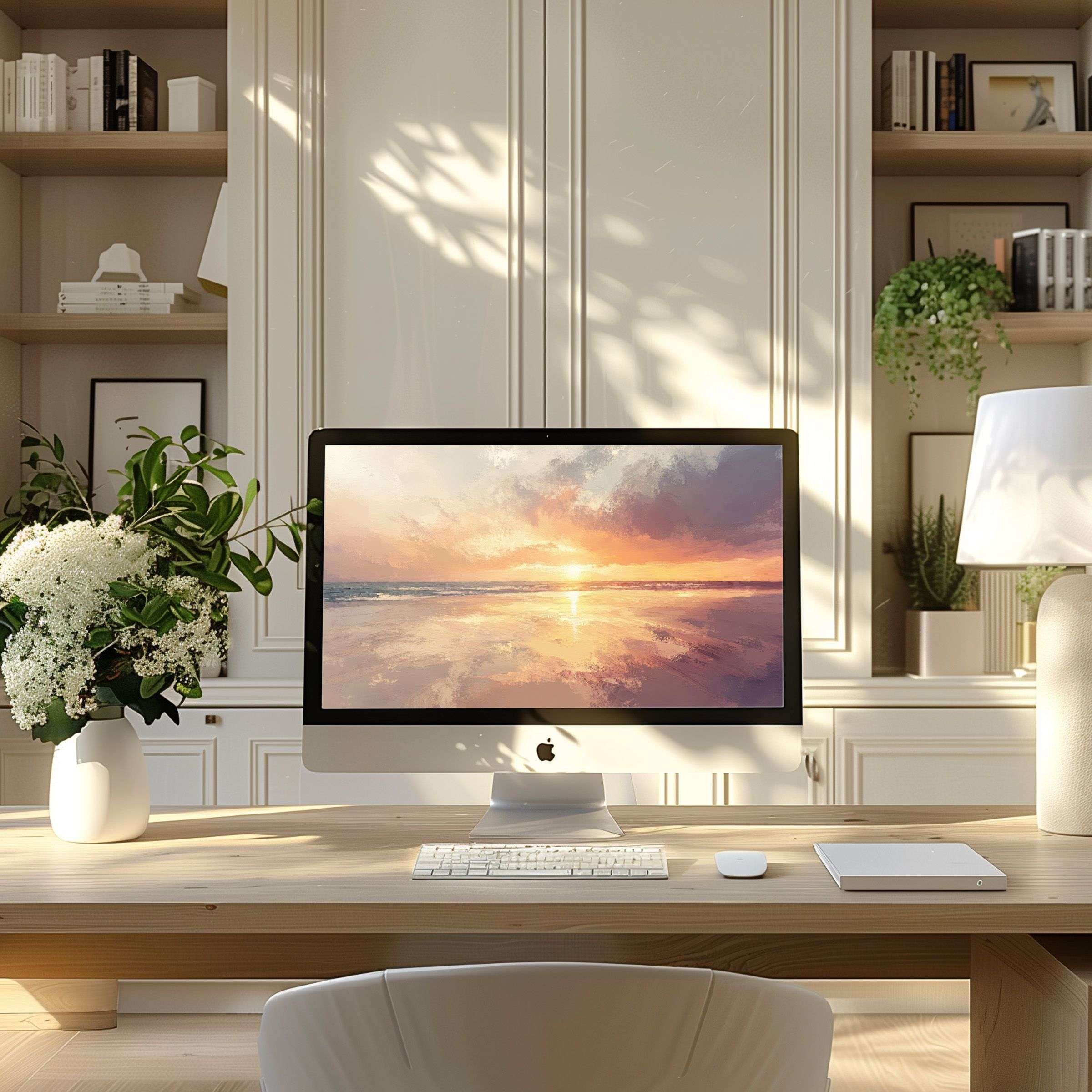Elegant wallpaper for computer offering tranquility with a sunset motif, ideal for PC and laptop in a modern home office setting
