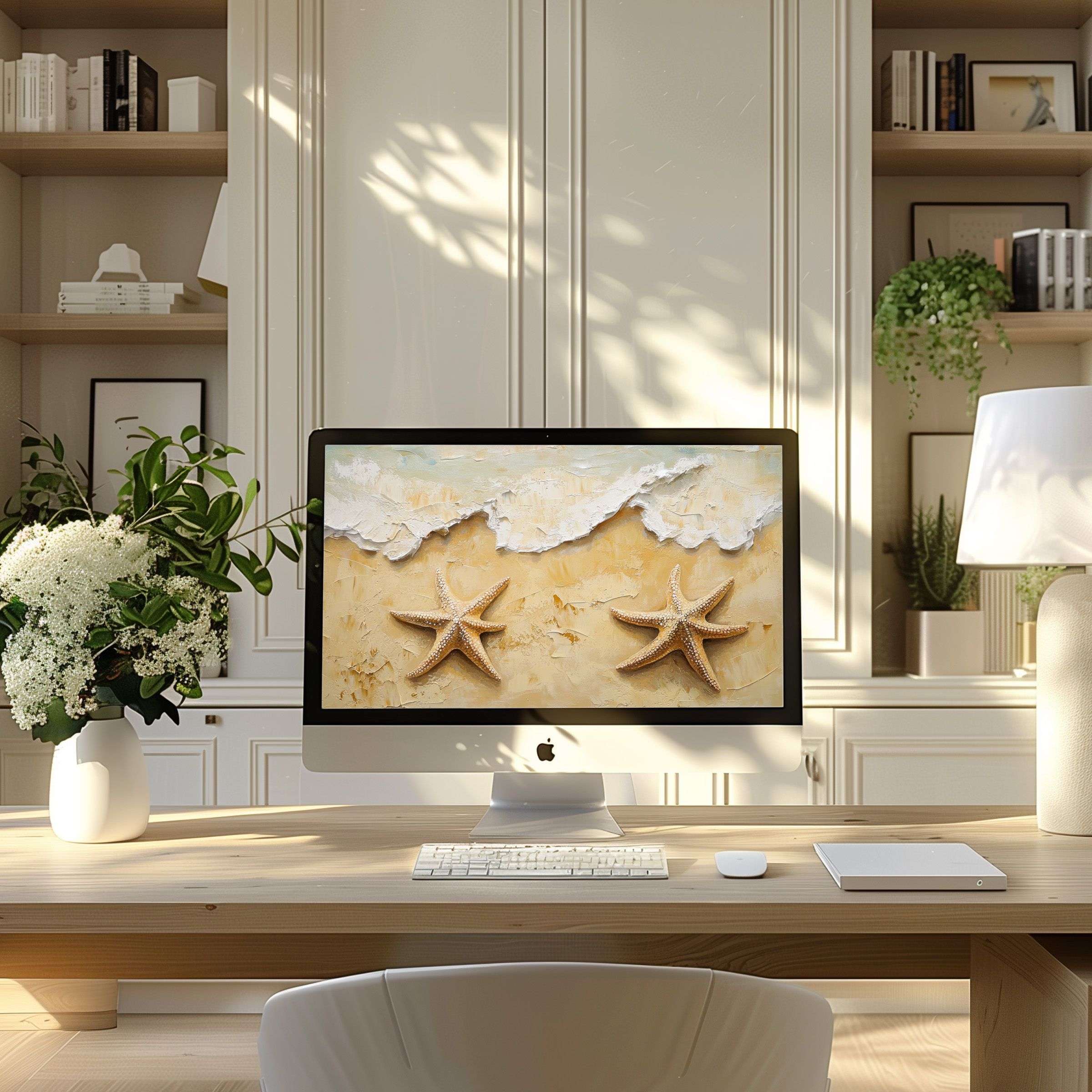 Elegant starfish digital artwork offers calm inspiration as a wallpaper for computer, PC, or laptop in your modern home office