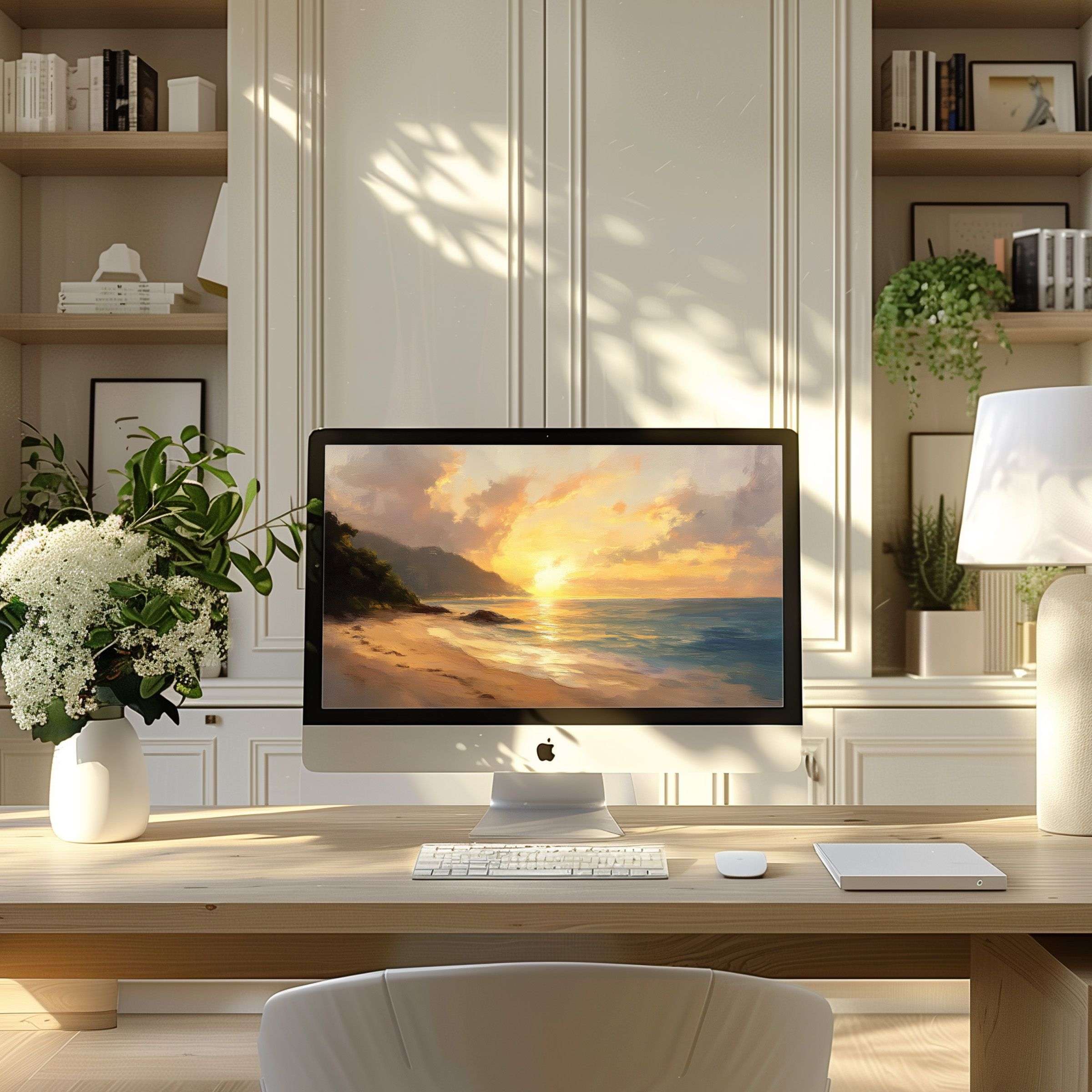 Elegant coastal sunset wallpaper for computer brings calm and inspiration to your PC or laptop in a modern home office setting