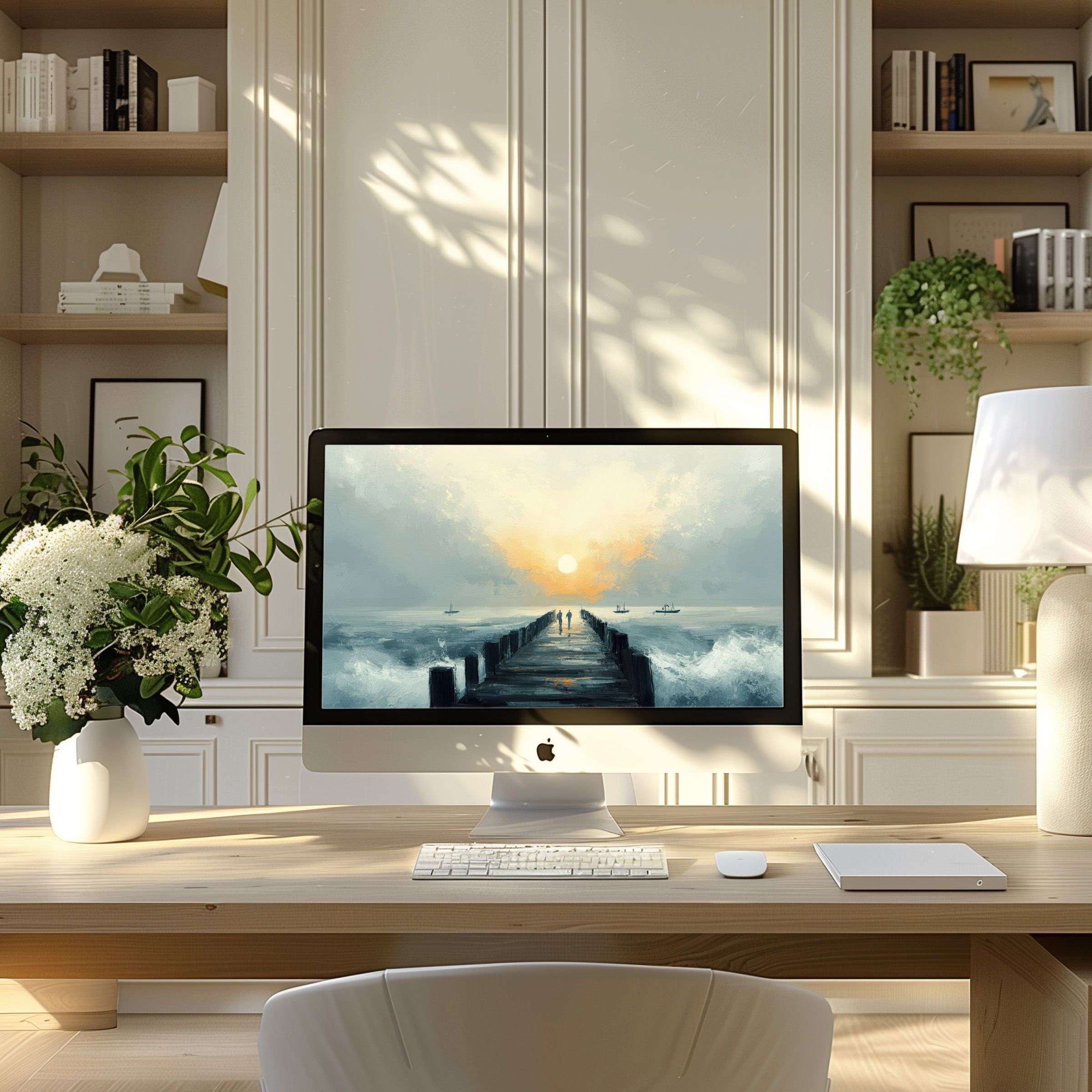 Elegant ocean pier artwork enhances modern home office, offering calm inspiration as a digital wallpaper for computer, PC, laptop use
