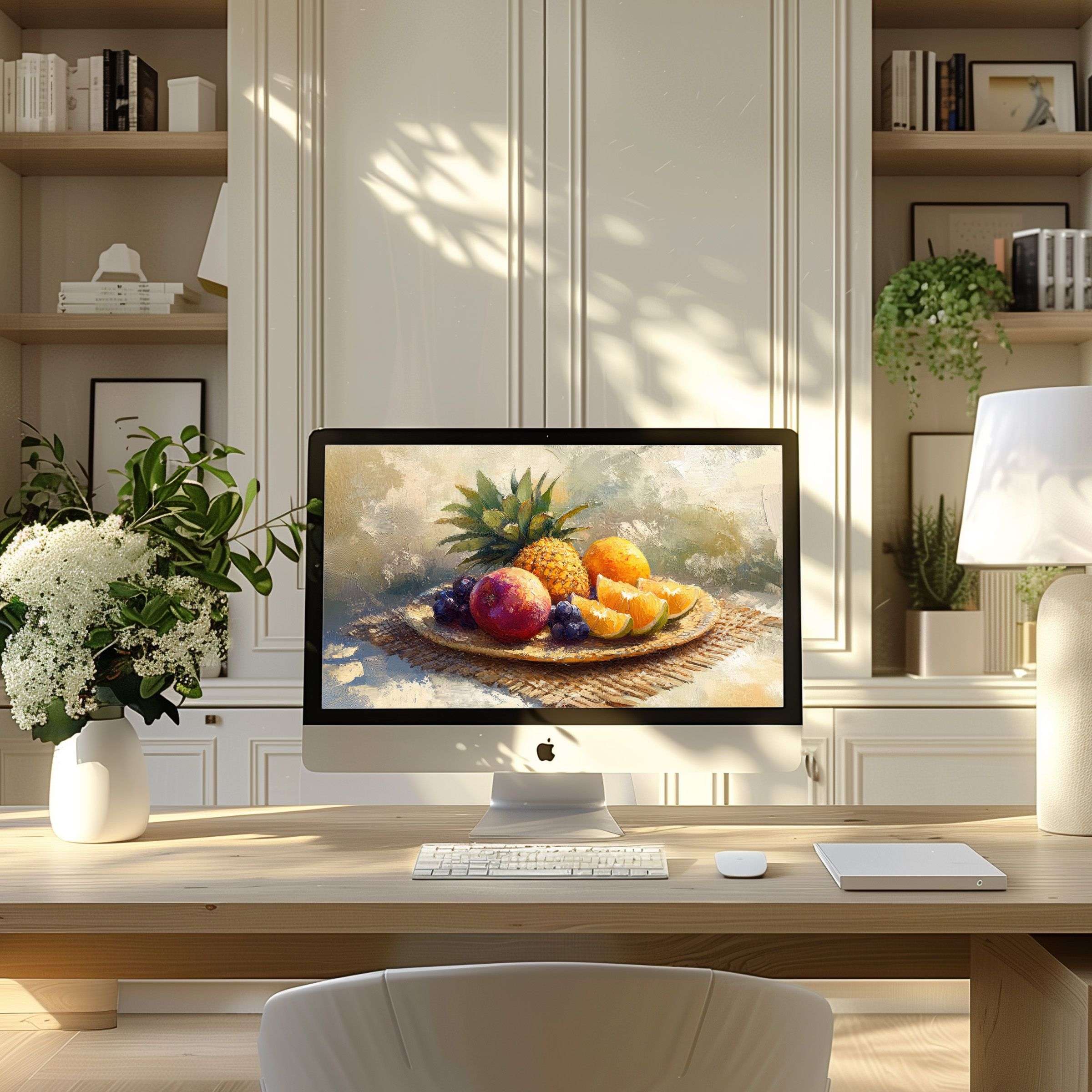 Elegant fruit art wallpaper for computer elevates any modern home office on PC or Laptop inspiring calm and creativity