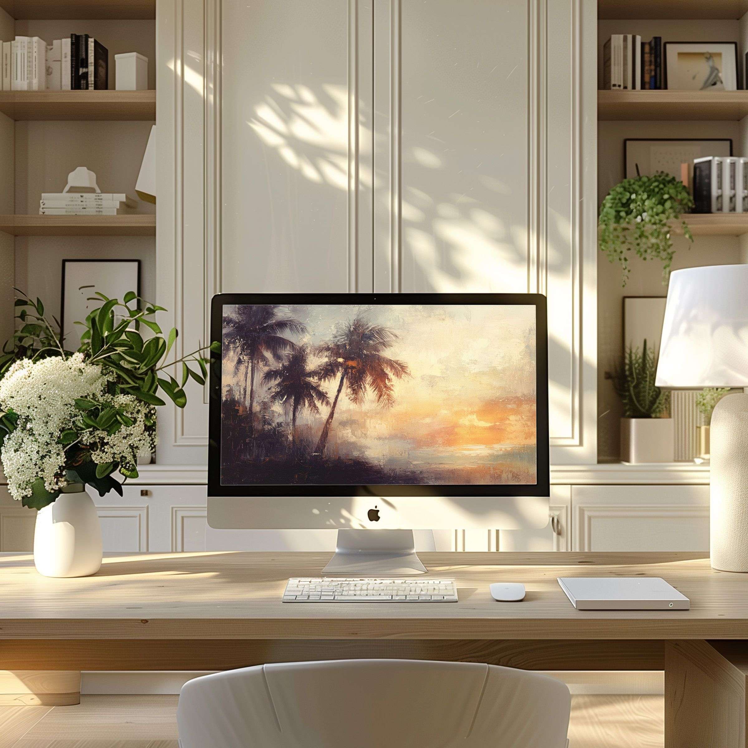 Wallpaper for computer showing serene palm trees at sunset, perfect for PC or laptop in a modern, calming home office setting