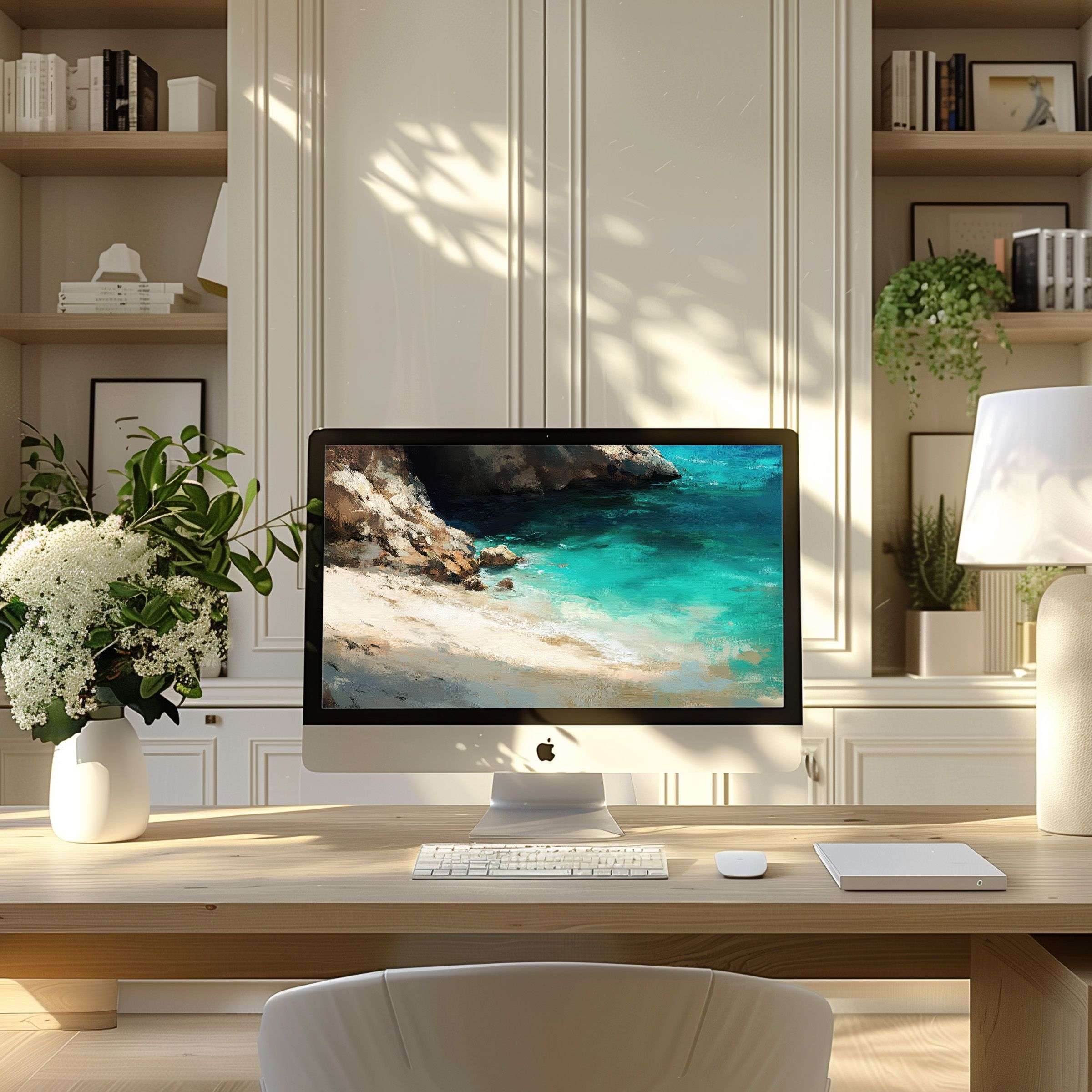 Calming ocean-inspired digital art, perfect wallpaper for computer or laptop in modern home office, fits PC, ultrawide downloads