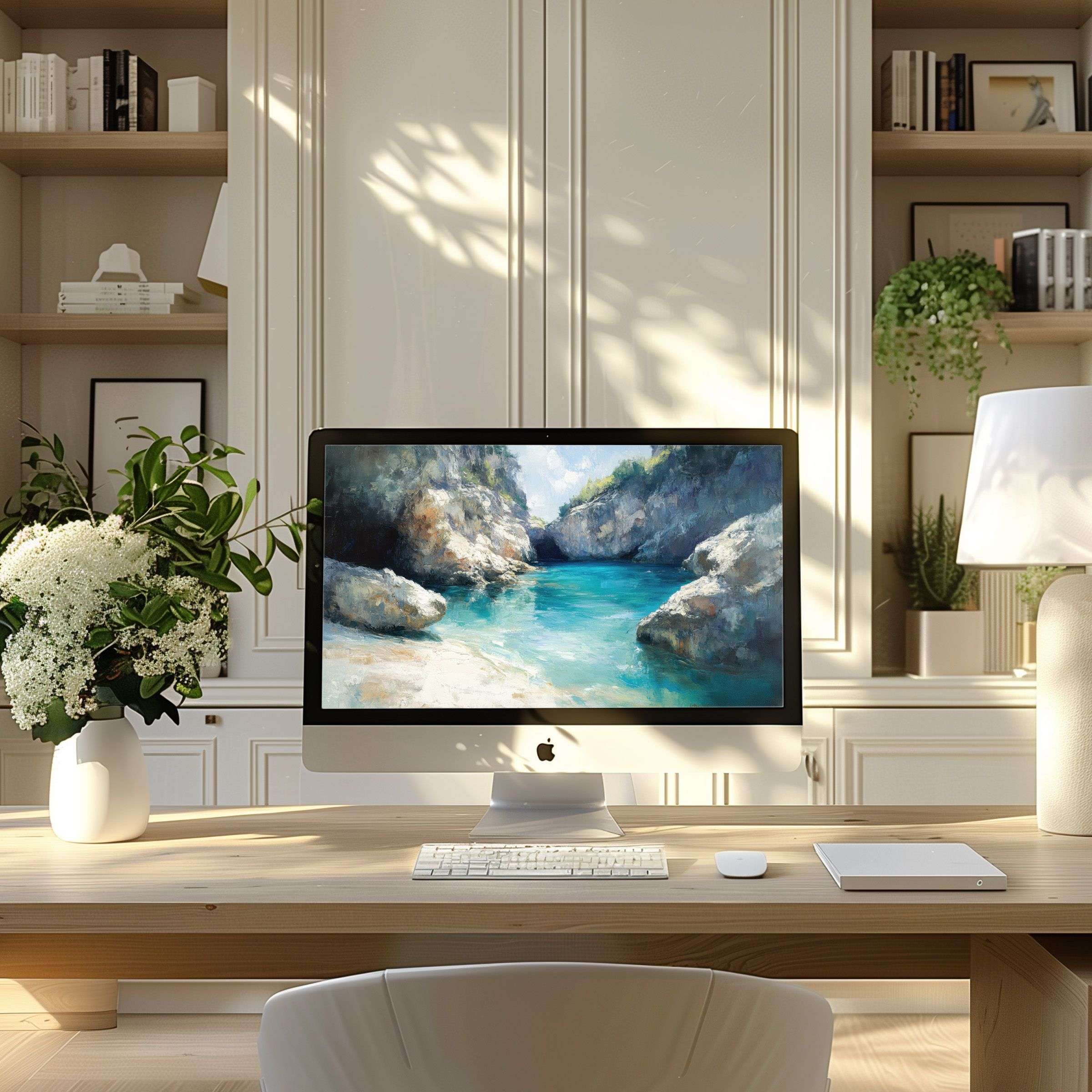 Serene coastal scene digital art as a wallpaper for computer brings elegance and calm to any PC or Laptop in a modern home office