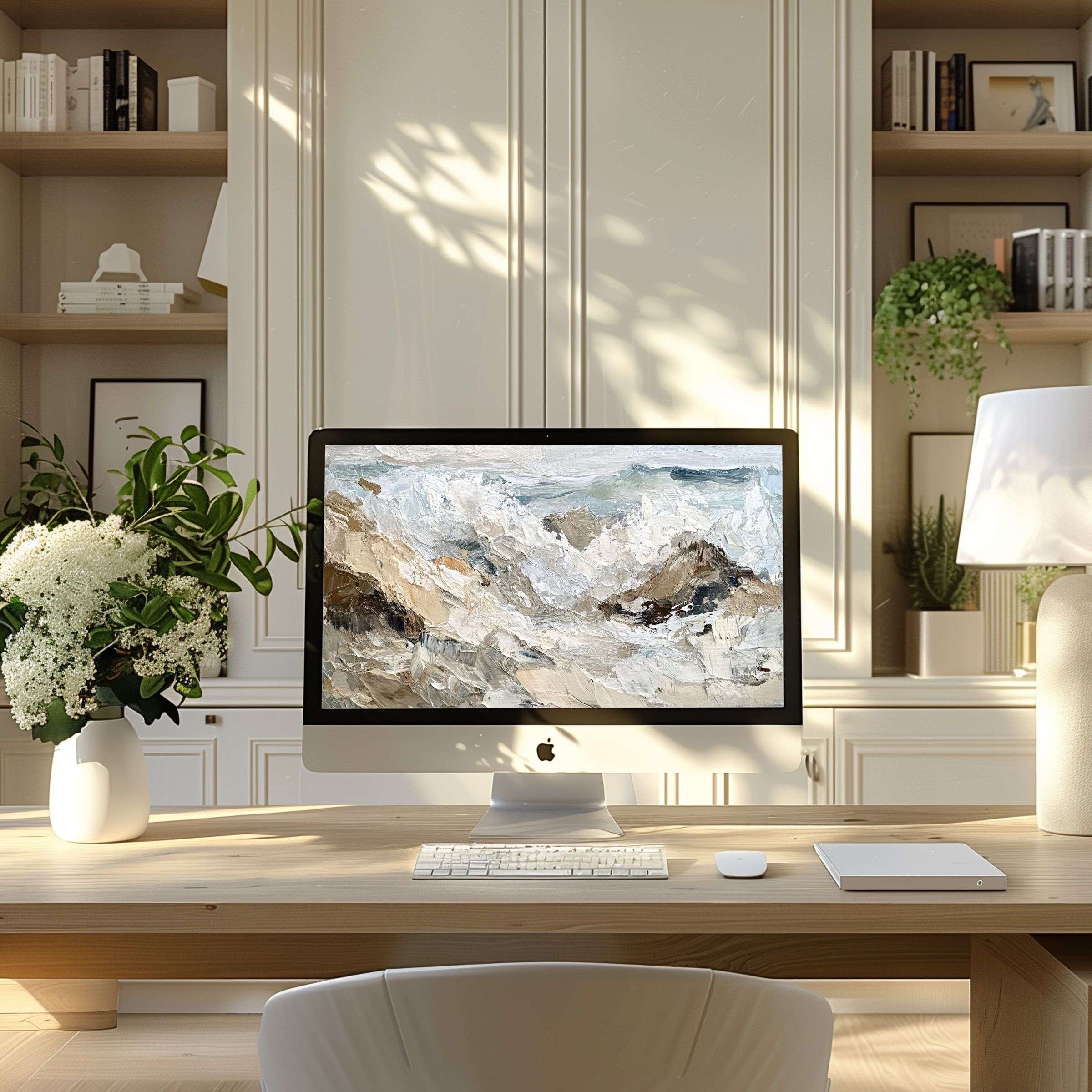 Elegant abstract wallpaper for computer, PC, and Laptop in serene beige tones elevates modern home office with calm inspiration and style