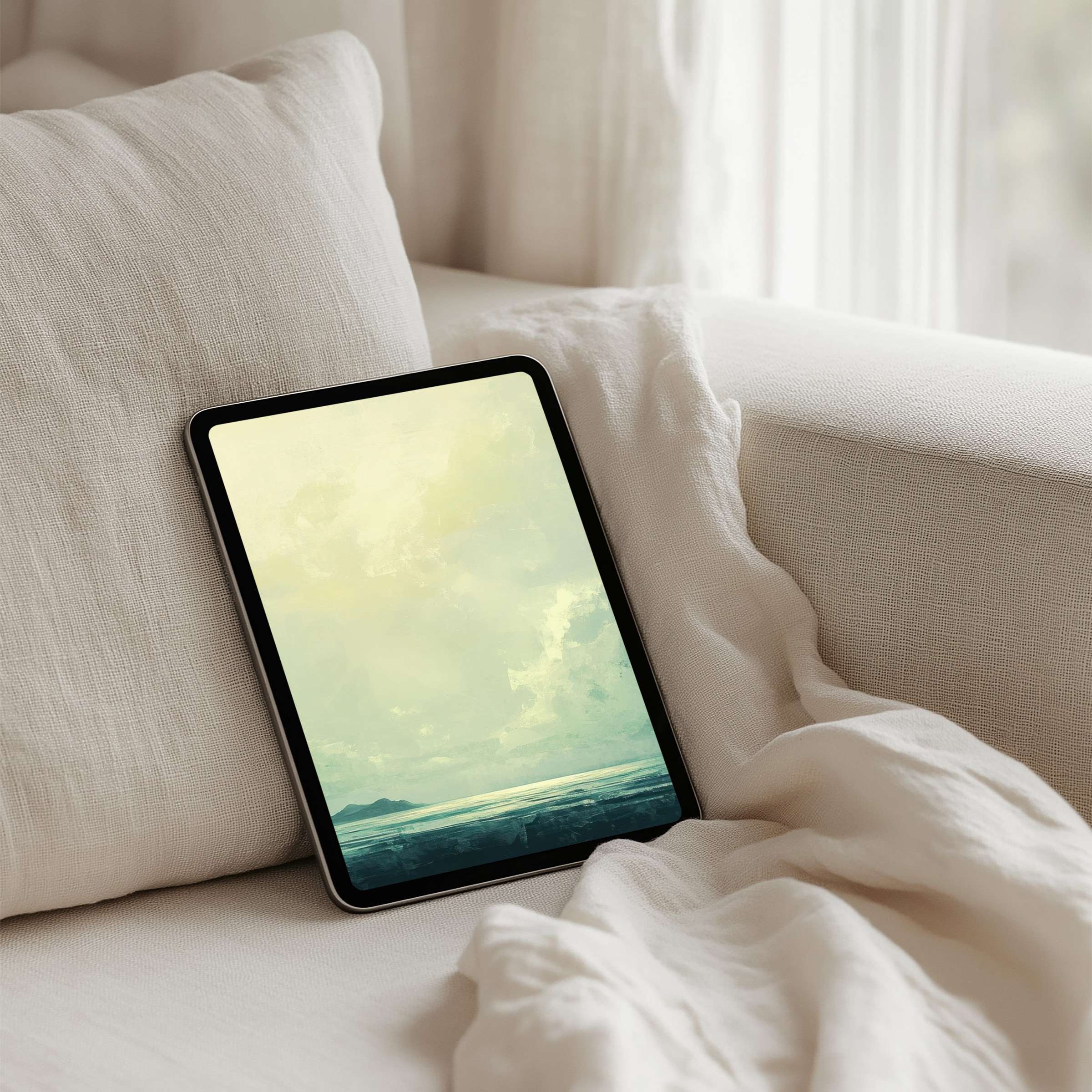 Tranquil sea-inspired iPad background for instant download on any tablet exudes calm elegance amidst soft beige textures