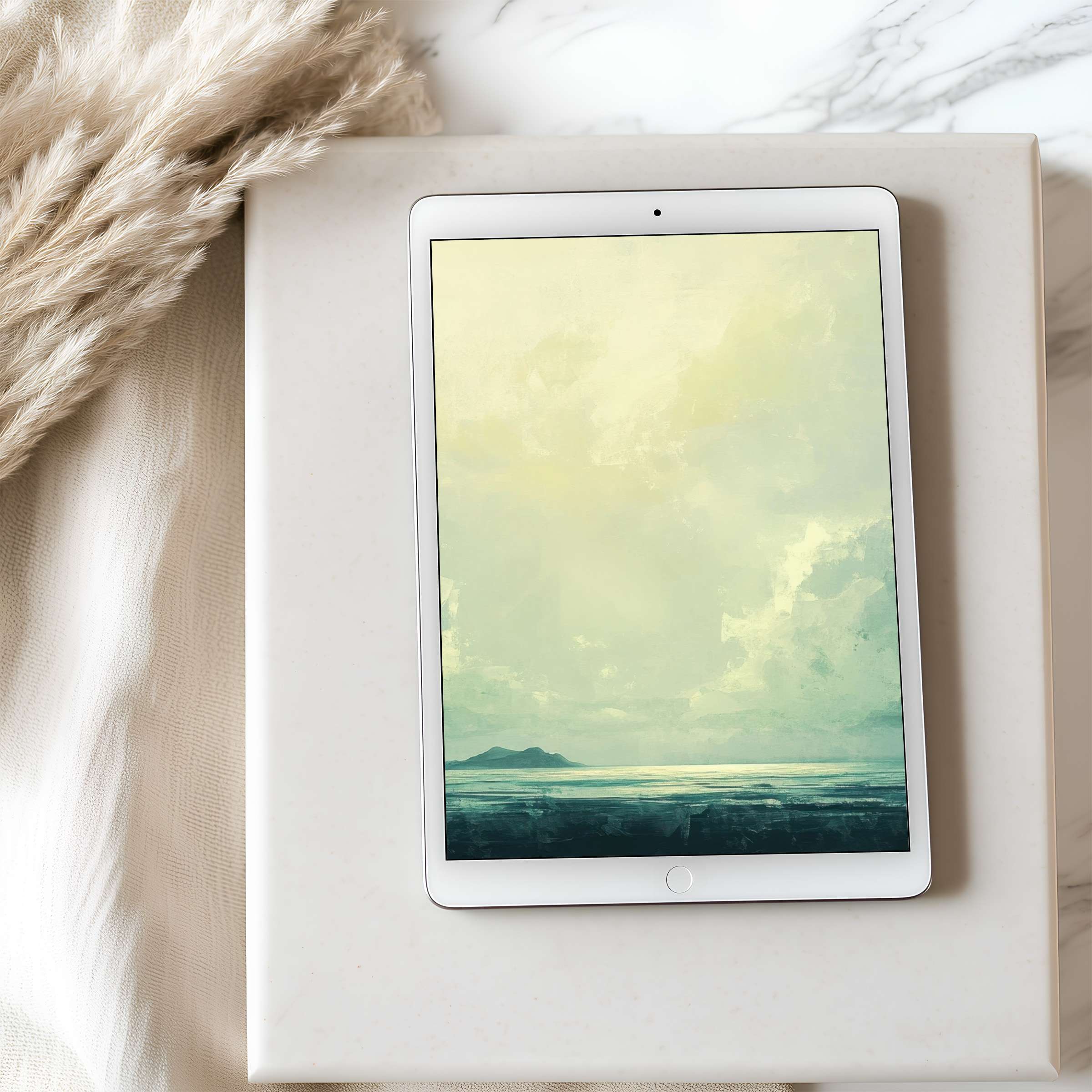 Elegant tablet wallpaper with serene ocean hues and abstract sky, ideal for iPad and Android tablets, high resolution digital download