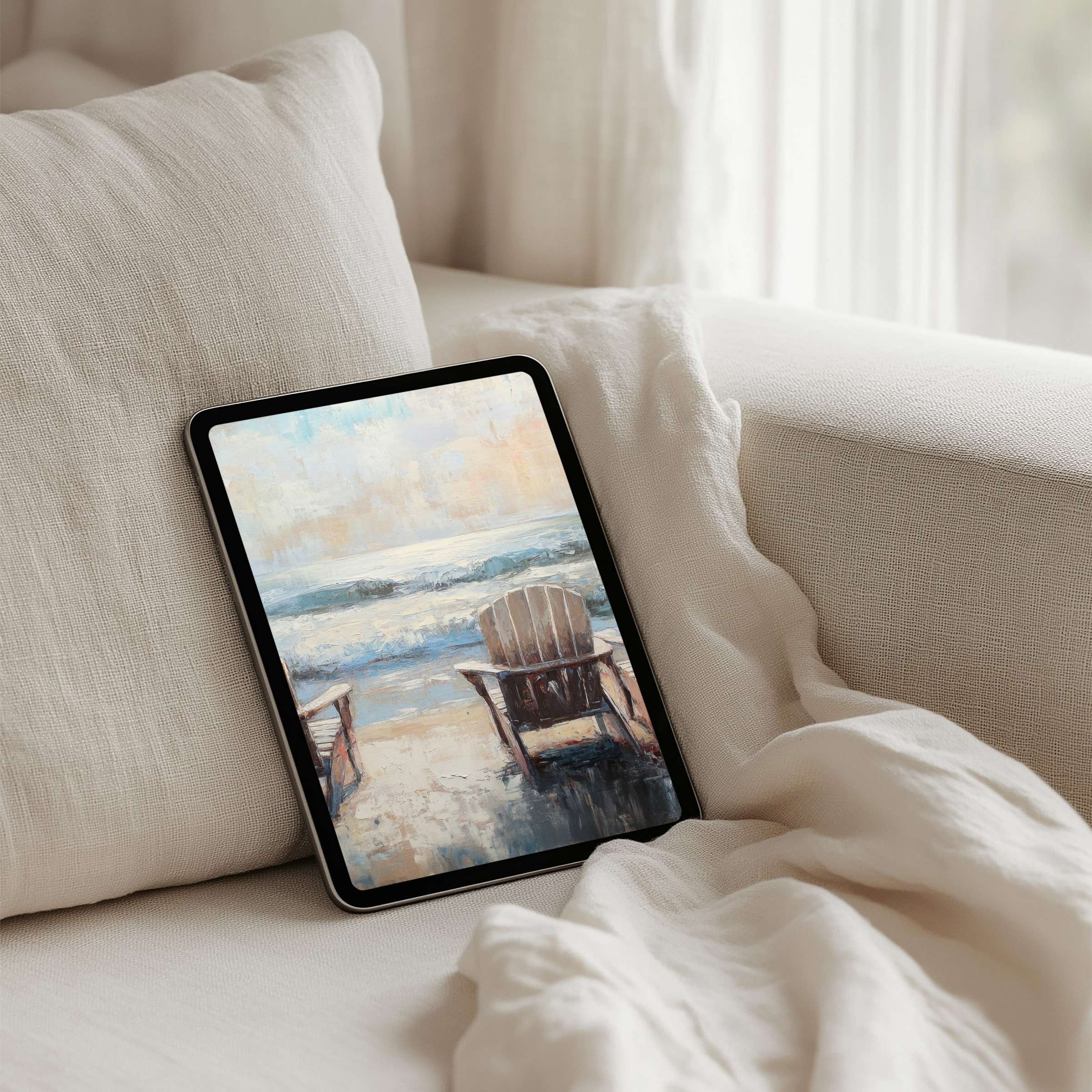 Serene seaside artwork for iPad background, offering instant download for tablets, inspires calm elegance and mindful living